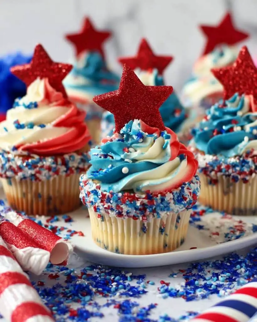 Red, White, and Blue Patriotic Cupcakes with Buttercream Frosting and Sprinkles Recipe