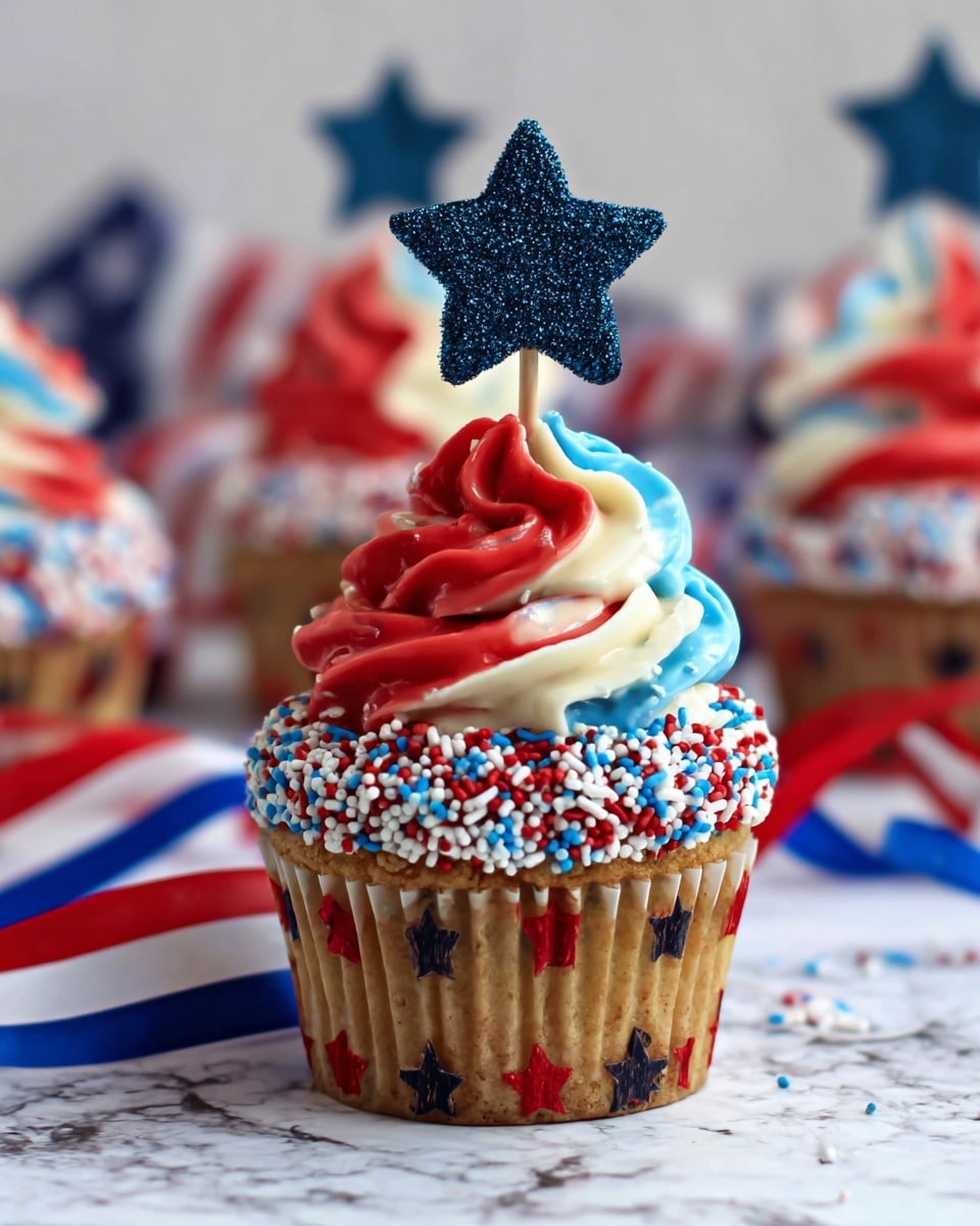 A cupcake with three layers: the base is a light brown cake with a paper wrapper decorated with red, black, and blue star patterns; the middle layer is thick and round, covered in red, white, and blue sprinkles; the top layer is a tall swirl of red, white, and blue frosting in a wave shape. A dark blue glittery star on a stick stands in the middle of the frosting. The cupcake is on a white marbled surface with more similar cupcakes and blue, red, and white ribbons blurred in the background. Photo taken with an iphone --ar 4:5 --v 7