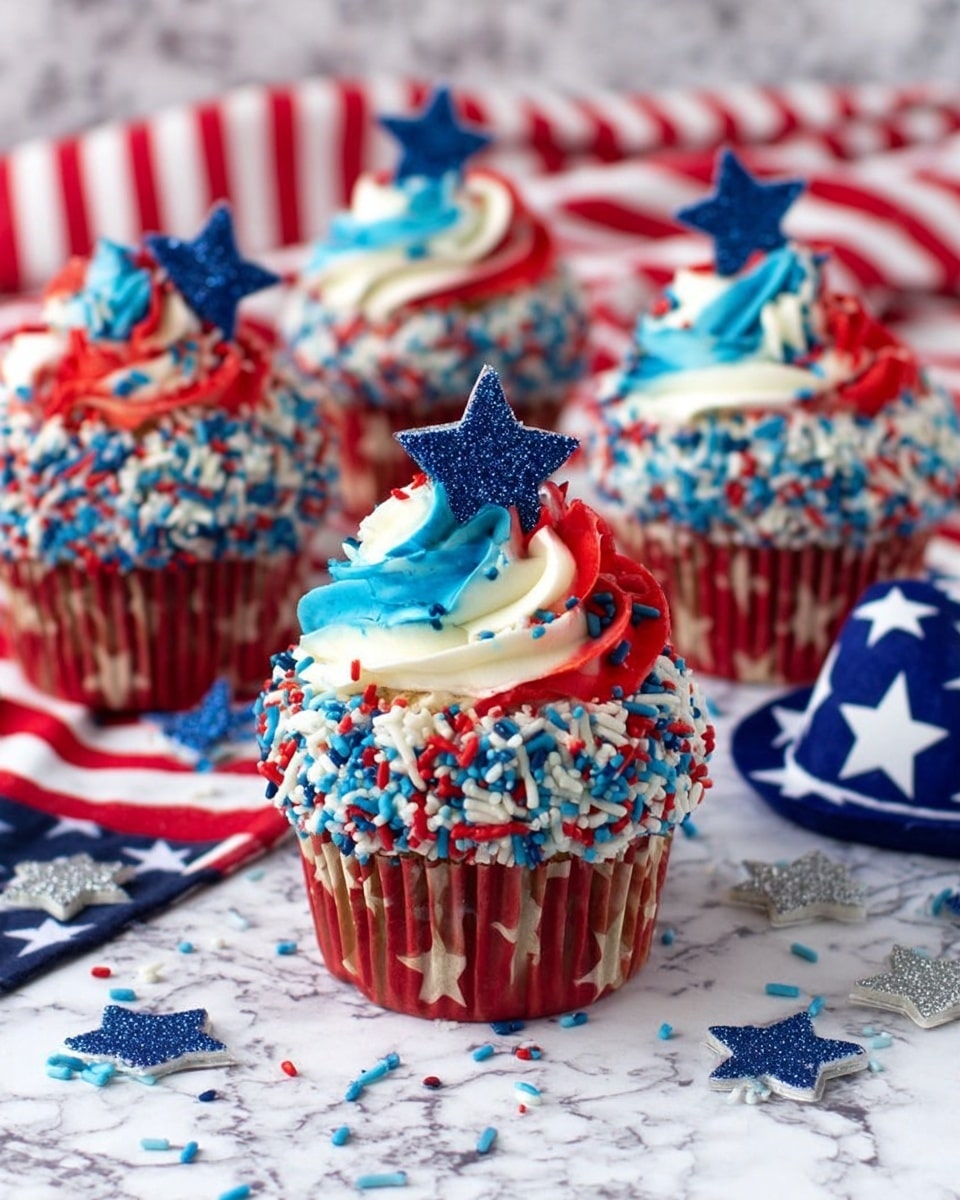 The image shows cupcakes with three layers of color in the frosting: red, white, and blue swirled together on top, with red, white, and blue sprinkles covering the cupcake’s edge. Each cupcake is decorated with a glittery star topper in colors matching the frosting, placed in the center. The cupcake wrappers have a pattern of stars, and the cupcakes sit on a white marbled surface with a red, white, and blue striped cloth underneath. Some glittery star decorations and a small blue and white hat prop are scattered around for extra festivity. Photo taken with an iphone --ar 4:5 --v 7