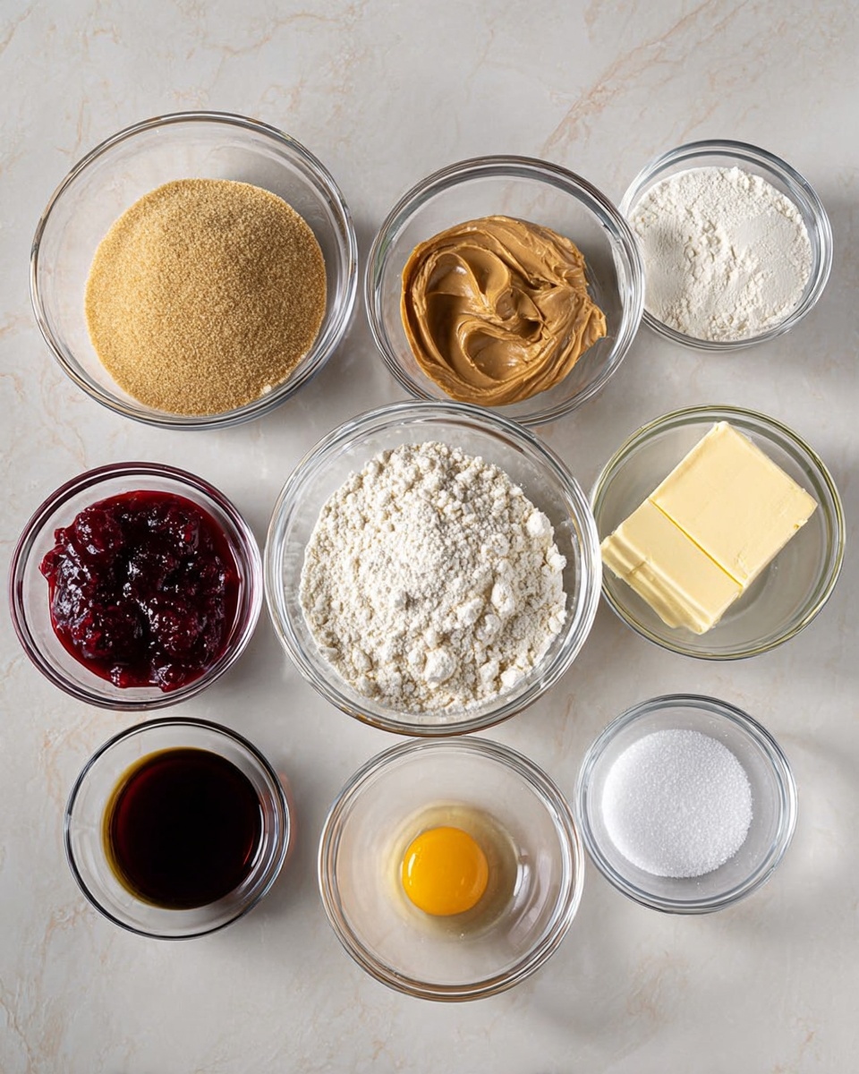 The image shows nine clear glass bowls placed on a white marbled surface, each holding a different baking ingredient. In the top row from left to right, there is a bowl with light brown sugar, a bowl with creamy peanut butter, and a bowl filled with white flour. Below them, from left to right, are a bowl with dark red jam, a bowl with white granulated sugar, and a bowl with a solid yellow stick of butter. At the bottom row, there is a small bowl with a dark brown liquid (likely vanilla extract), a tiny bowl with white salt, another tiny bowl with white baking powder, and a small bowl with one raw egg yolk. All ingredients are neatly arranged and clearly visible. Photo taken with an iphone --ar 4:5 --v 7