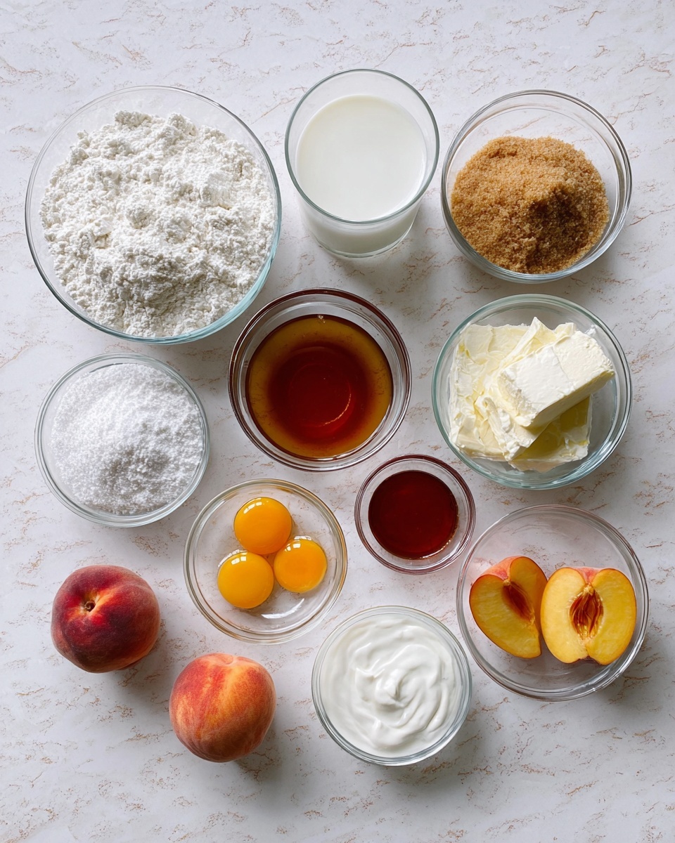 The image shows a white marbled surface with eleven small clear glass bowls and one whole peach. Starting from the bottom left, there is a bowl filled with white flour, next to it a very small bowl with white powder, a glass of milk behind those, and a larger bowl with white granulated sugar. To the right is a small bowl filled with two cracked eggs, showing bright yellow yolks and clear whites. Moving up and to the right, there is a peeled whole peach, beside it a bowl with white cream cheese-like butter. Above that bowl is a larger bowl filled with brown sugar. To the left of the brown sugar is a small bowl with a reddish-brown liquid, possibly vanilla or soy sauce. Below that is a bowl with a white creamy liquid like yogurt or sour cream. Below that bowl is a small bowl with some white salt, and to the left, an orangish chunky jam-like mixture. All bowls are spread out on the white marbled surface. photo taken with an iphone --ar 4:5 --v 7