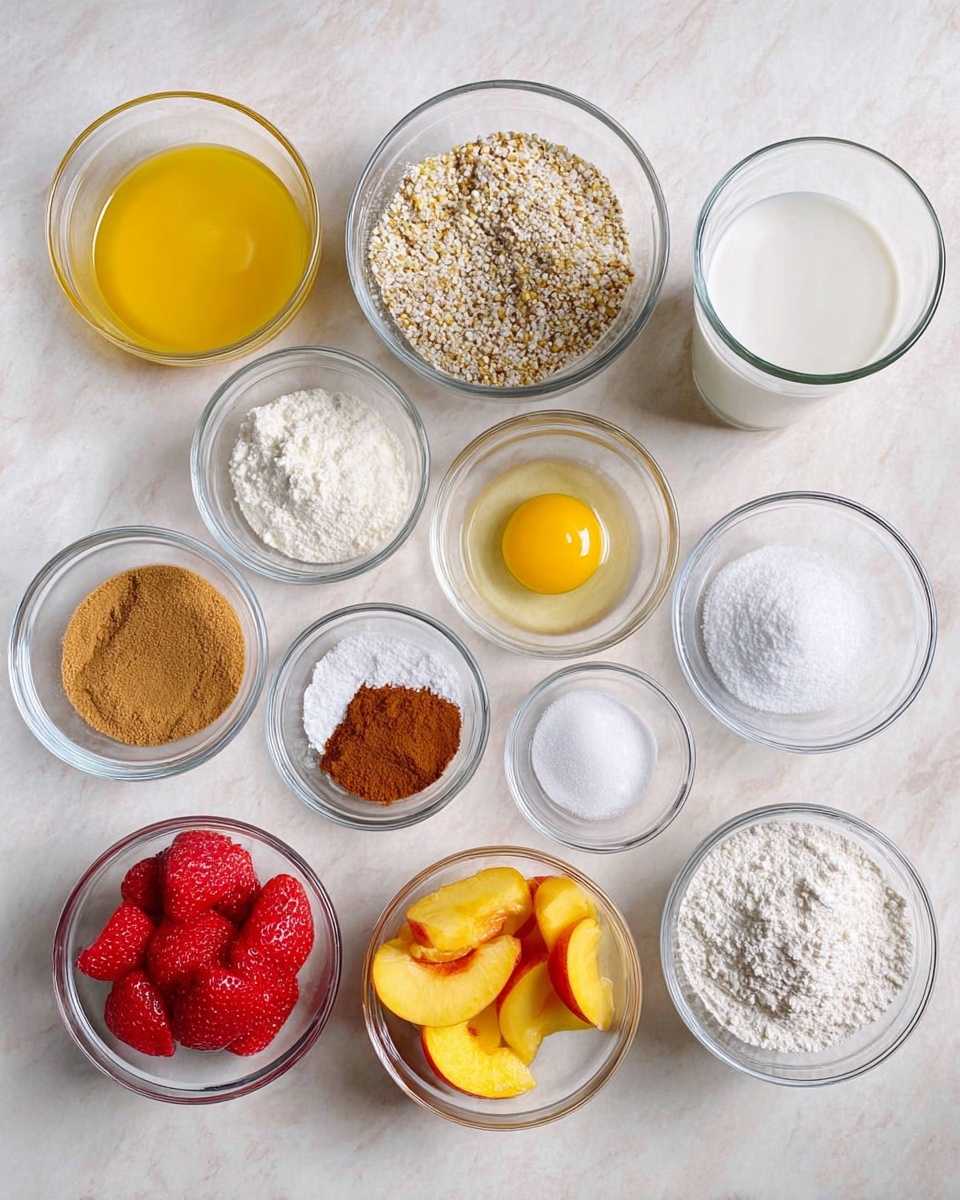 A collection of clear glass bowls arranged on a white marbled surface, each bowl containing a separate ingredient. There are eleven bowls in total: one with melted golden butter in the top left, one with a mixture of flour and seeds to its right, a glass of milk next to that, and a bowl of white granulated sugar in the top right corner. Below the butter, smaller bowls contain brown cinnamon powder, white salt, and white baking powder from left to right. In the center, a small bowl has a raw yellow egg yolk surrounded by egg white. In the bottom left corner, a bowl holds sliced red strawberries, next to it a bowl with bright yellow sliced peaches. To the right of these, two bowls contain brown sugar and white flour. The arrangement is neat, with the clear bowls contrasting against the white marbled surface photo taken with an iphone --ar 4:5 --v 7