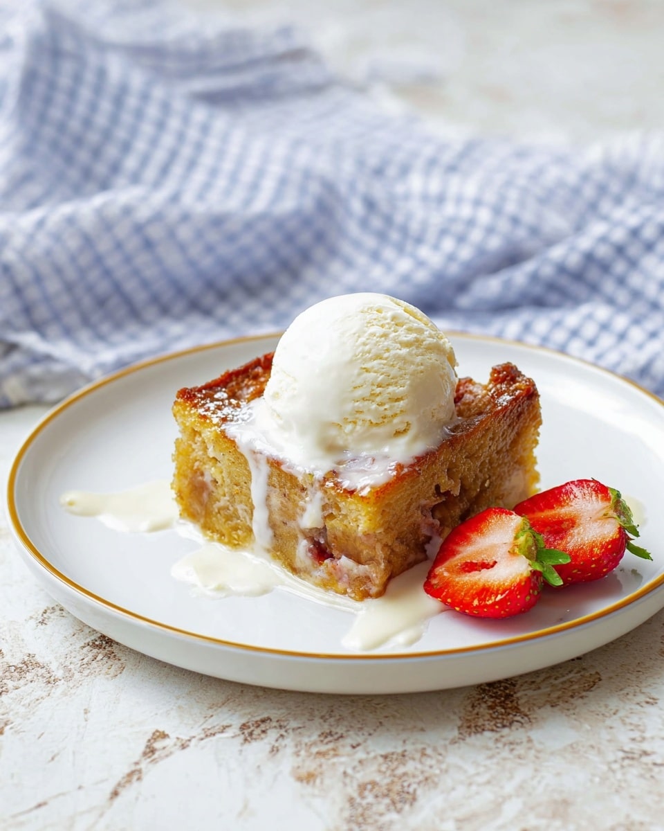 A square slice of golden brown bread pudding sits in the center of a white plate with a thin gold rim, topped with a melting scoop of white ice cream that drips slightly down the sides. The bread pudding has visible fruit pieces inside, showing a creamy texture beneath the crispy top layer. Two halves of a fresh red strawberry with green leaves are placed next to the dessert on the plate. The plate is on a surface with a white marbled texture, and a blue and white checkered cloth is laid casually in the background. Photo taken with an iphone --ar 4:5 --v 7