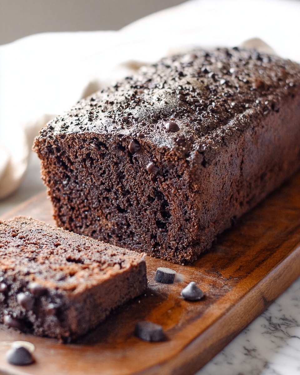 The image shows a thick rectangular loaf of chocolate bread placed on a wooden board with a white marbled surface in the background. The bread is dark brown and has many small chocolate chips mixed inside and sprinkled generously on top, giving a rough texture to the top layer. One slice has been cut from the loaf and is placed next to it, showcasing the dense, moist interior filled with dark chocolate bits. Some chocolate chips are scattered around the board, adding to the visual richness. The lighting is soft and natural, highlighting the bread's texture and chocolate details. Photo taken with an iphone --ar 4:5 --v 7