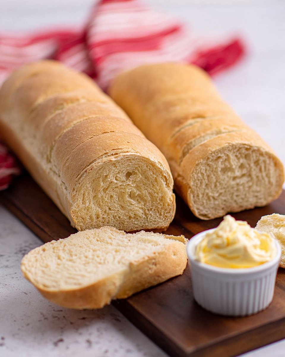 There are three long loaves of light brown bread with a soft texture, placed horizontally on a dark wooden board. In front of the loaves, one slice of the bread with a fluffy light inside is placed upright, showing its airy inside. Next to the sliced bread, there is a small white cup filled with creamy yellow butter. The background is a white marbled texture, with a red and white striped cloth partly visible behind the loaves. The lighting is soft and natural, highlighting the texture of the bread and butter. photo taken with an iphone --ar 4:5 --v 7