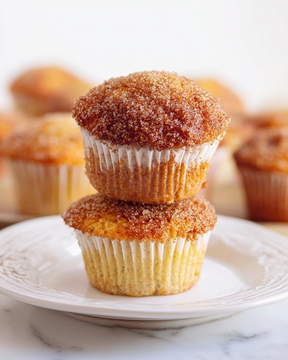 The image shows a stack of two golden brown muffins with a crispy sugar topping, resting on a white plate with a gentle embossed rim. The top muffin's white wrapper is partly open and spread out, showing its texture clearly, while the bottom muffin sits firmly in its wrapper. Around the plate, more muffins can be seen in soft focus, all with a slightly rough brown sugar crust and light beige cake base. The whole scene is set on a clean white marbled surface that brightens the warm colors of the muffins. Photo taken with an iphone --ar 4:5 --v 7