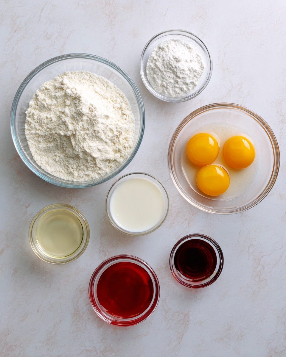 Seven clear glass bowls lie on a white marbled surface, each filled with different ingredients. The largest bowl holds a heap of white flour with a rough texture. Next to it is a medium bowl of white powder, likely baking powder or sugar, finely textured. Another bowl contains two raw eggs with bright yellow yolks and clear whites. Below it, a small bowl holds a pale liquid, like oil, smooth and reflective. Beside it is a small bowl with a red syrup, thick and shiny. Near that, a tiny bowl holds a dark brown liquid, smooth and glossy. The last bowl contains a small amount of white milk, smooth and creamy. photo taken with an iphone --ar 4:5 --v 7