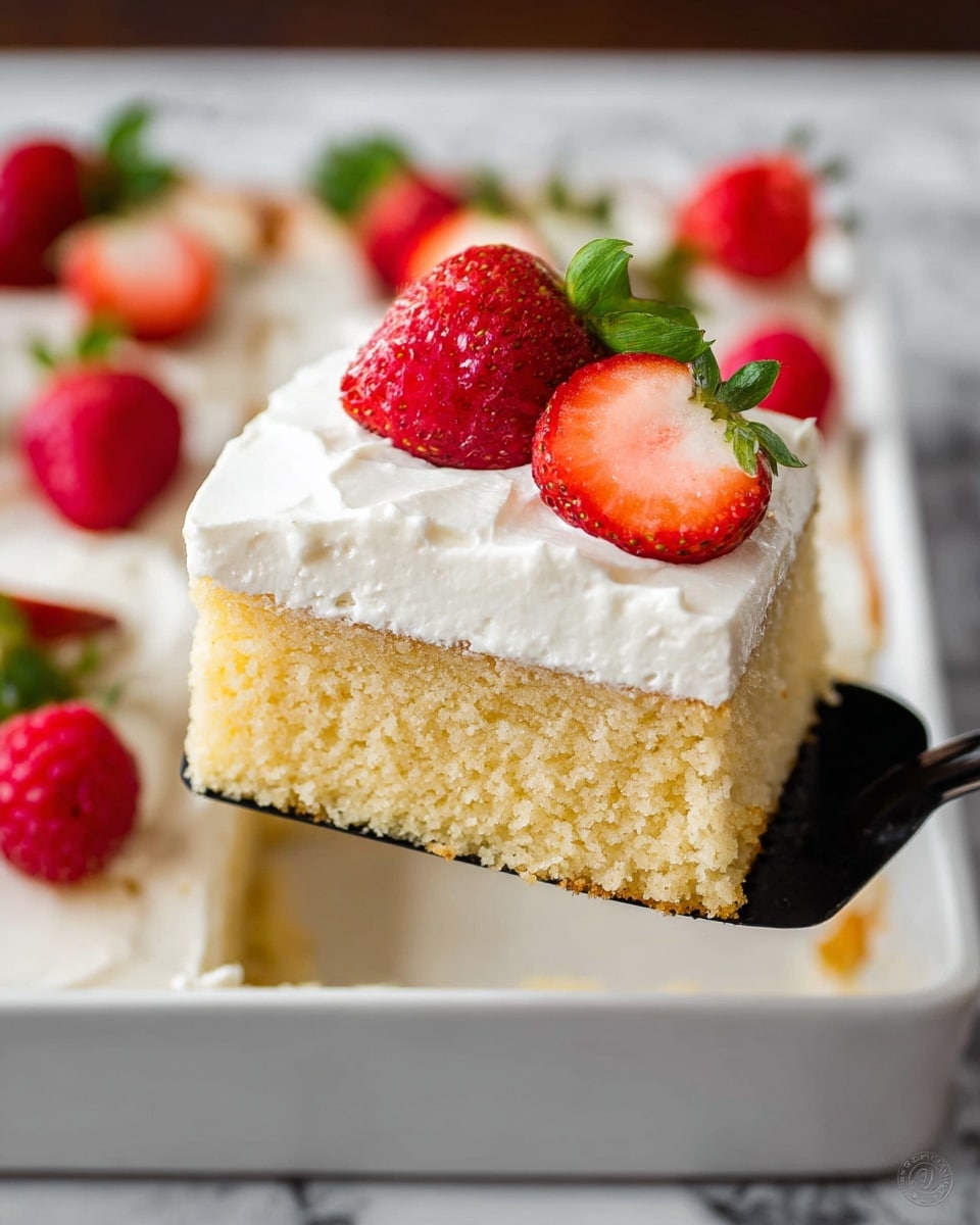 The image shows a square piece of light yellow sponge cake with a thick, smooth white cream layer on top. The cake is held by a black spatula above a white dish that holds the rest of the cake. On the cream layer, there are three red fruits: a whole raspberry and two halves of strawberries with green leaves still attached. Around the white dish, there are additional strawberries and raspberries scattered on a white marbled surface. The texture of the cream looks soft and fluffy, while the sponge cake looks moist and airy. Photo taken with an iphone --ar 4:5 --v 7