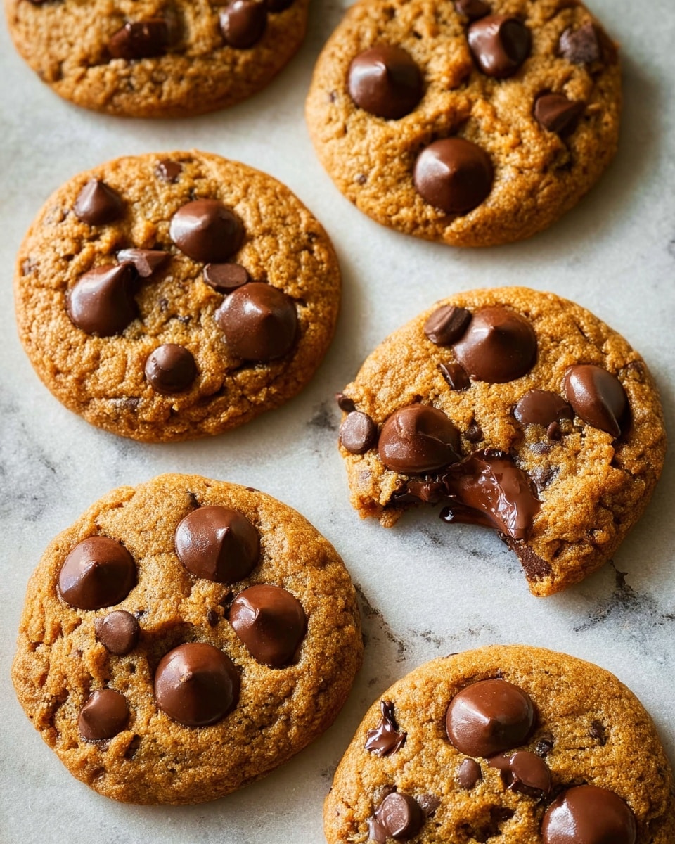 The image shows six round cookies with a golden brown color and a slightly bumpy texture, each studded with different sizes of smooth, shiny, dark brown chocolate chips; one cookie is broken, revealing a melted chocolate center that looks soft and rich. The cookies are placed on a flat surface with a white marbled texture, which adds a clean and bright background to the image. The lighting highlights the shiny chocolate chips and the warm tones of the cookie dough, making them look fresh and tasty. photo taken with an iphone --ar 4:5 --v 7