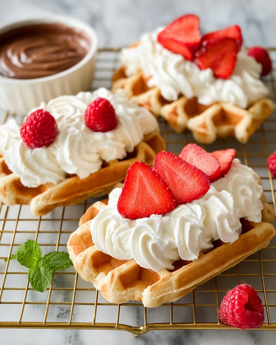 The image shows four waffles placed on a gold metal cooling rack over a white marbled surface. Each waffle has one layer of light golden brown waffle base, topped with white whipped cream swirled in thick, soft peaks. One waffle in the foreground has three bright red strawberry slices carefully placed on top of the whipped cream. Two waffles in the background have small whole red raspberries nestled into the whipped cream. There is a small green mint leaf near one waffle and a white bowl filled with a smooth chocolate sauce is visible in the top left corner. The lighting highlights the texture of the waffles and the fresh fruit. photo taken with an iphone --ar 4:5 --v 7