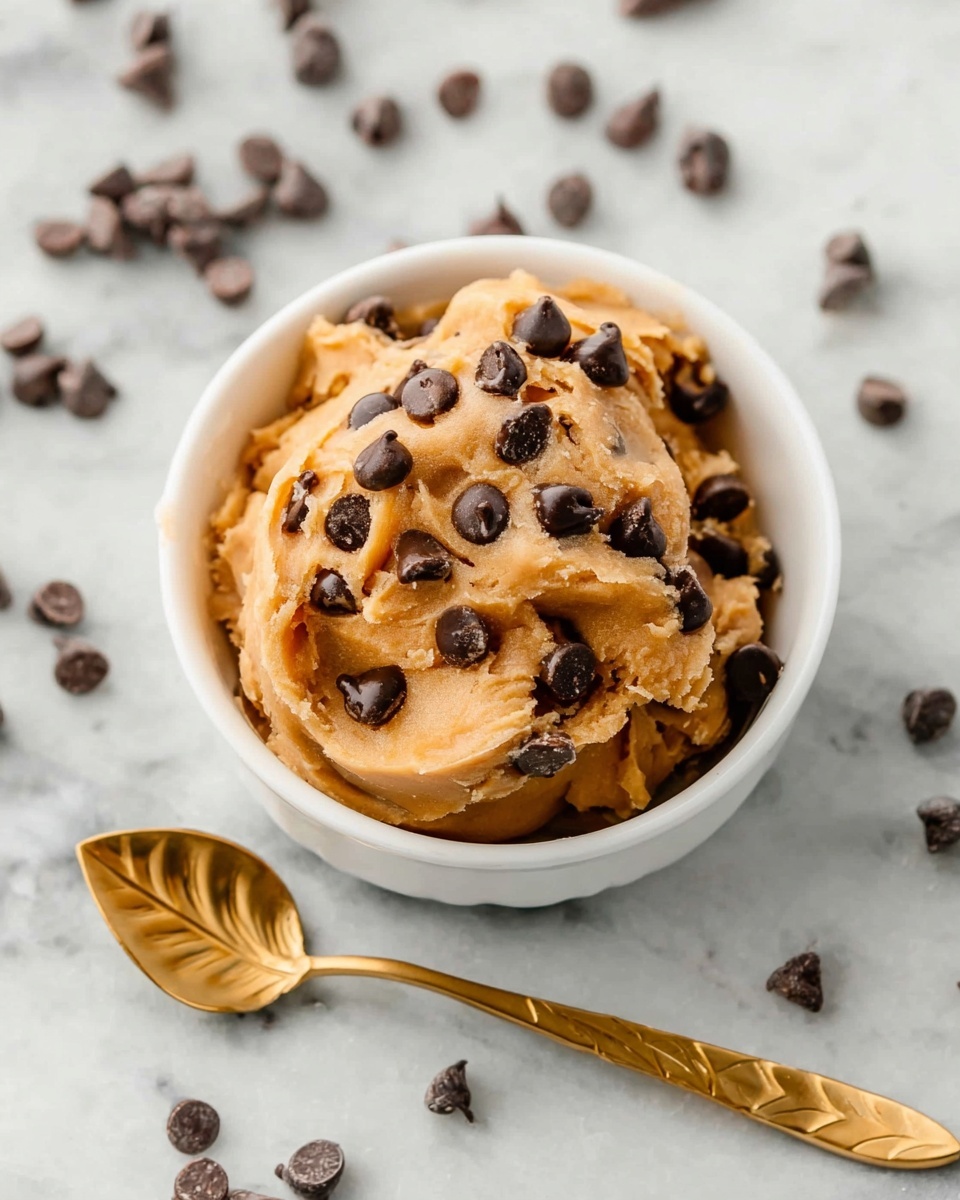 A white bowl filled with one generous scoop of light brown cookie dough thick with texture, dotted evenly on top with dark brown chocolate chips, some chips slightly melted into the dough. The bowl rests on a white marbled surface with loose chocolate chips spread around. Next to the bowl is a gold spoon with a leaf-shaped handle detail, positioned diagonally toward the bowl. Photo taken with an iphone --ar 4:5 --v 7