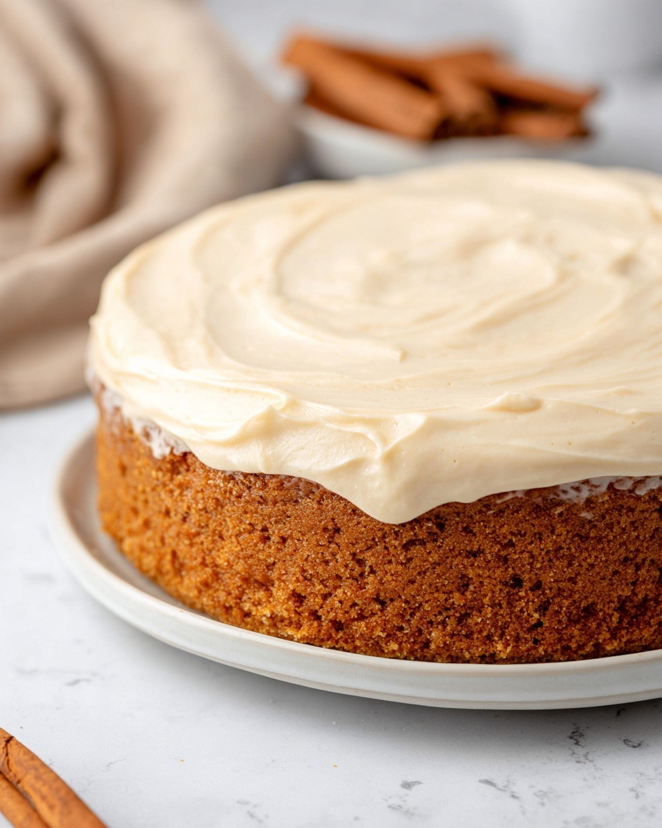 Pumpkin Olive Oil Cake with Cream Cheese Frosting Recipe 5 The image shows a single-layer round cake with a rough, golden-brown textured base and a thick, smooth creamy frosting spread evenly on top. The frosting is light beige in color, slightly swirled with soft waves, covering the surface fully and dripping a tiny bit over the edges. The cake sits on a plain white plate on a white marbled surface. In the background, there are some cinnamon sticks blurred out, adding a warm tone to the scene. Photo taken with an iphone --ar 4:5 --v 7