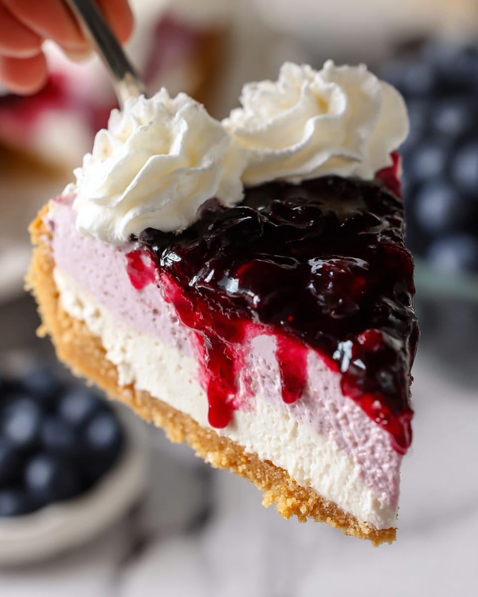 A close-up of a slice of berry cheesecake held by a woman's hand showing four clear layers: a light brown crumbly crust at the bottom, a thick creamy pale pink cheesecake layer above it, a shiny dark red berry topping with visible whole berries, and a fluffy white whipped cream layer on top. The background shows a white marbled texture with a bowl of blueberries in soft focus. photo taken with an iphone --ar 4:5 --v 7