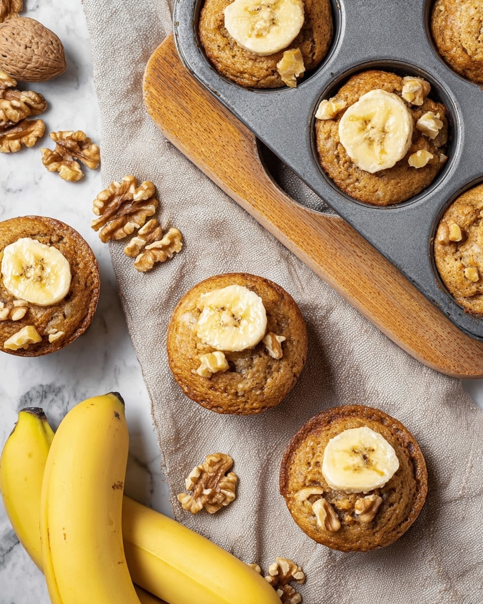 The image shows several small round banana walnut muffins with a golden brown crust, topped with a thin slice of banana and small pieces of chopped walnuts. Some muffins are still in a gray baking tray with a wooden handle, while others are resting on a beige cloth. Bright yellow bananas and whole walnuts are scattered around the scene. The background is a white marbled texture. photo taken with an iphone --ar 4:5 --v 7