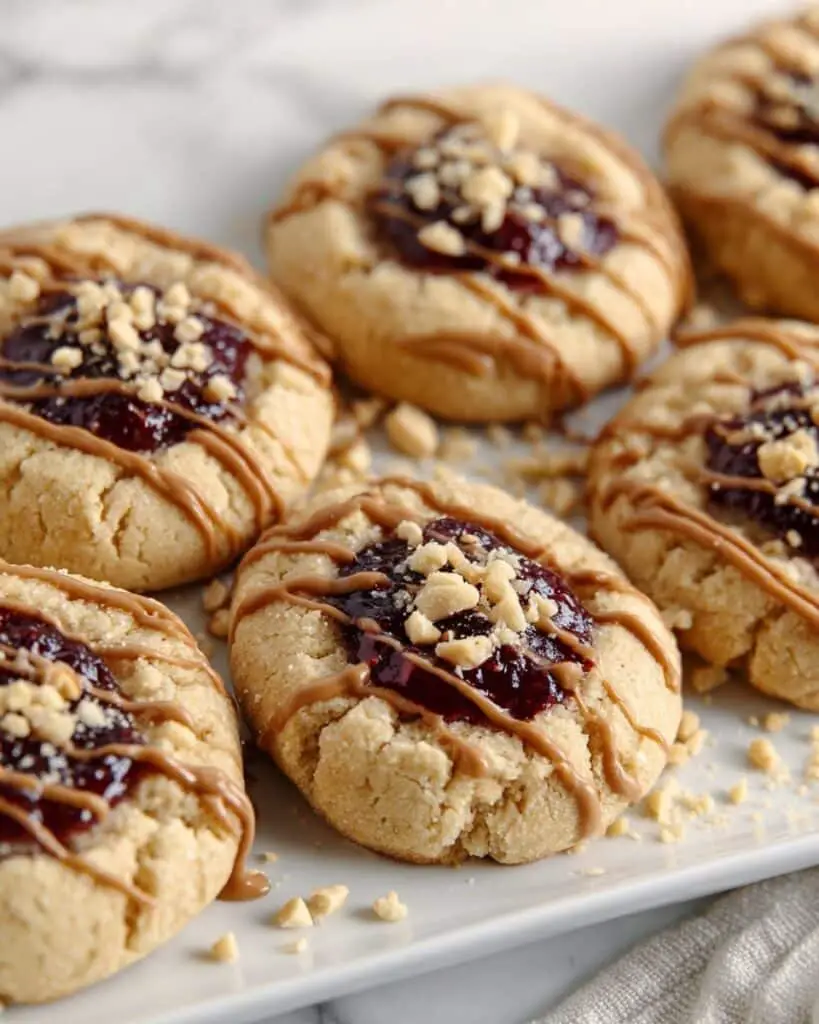 PB&J Cookies with Peanut Butter Drizzle and Chopped Peanuts Recipe