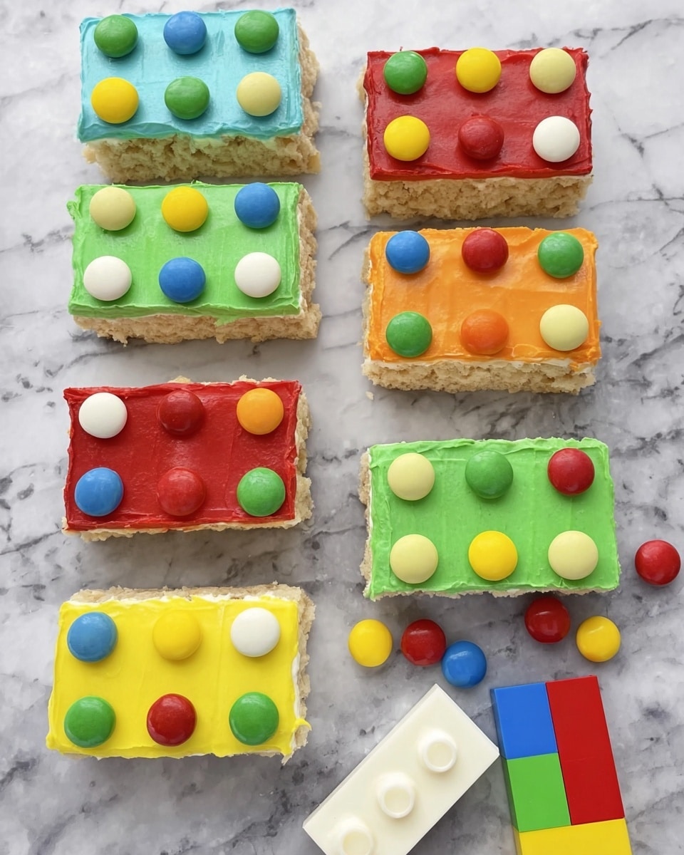 The image shows seven rectangular treats that look like Lego blocks, placed on a white marbled surface. Each treat has two layers: the bottom is a crispy light beige base, and the top is a thick layer of colorful frosting with six round candy pieces placed evenly in two rows of three. The colors of the frosting are green, light blue, yellow, orange, red, and another shade of green. The candy pieces match or contrast the frosting colors with bright green, blue, yellow, orange, red, and green candies. There are also some loose round candies of similar colors scattered near the treats, and a small white Lego piece with colored Lego blocks on the side. Photo taken with an iphone --ar 4:5 --v 7