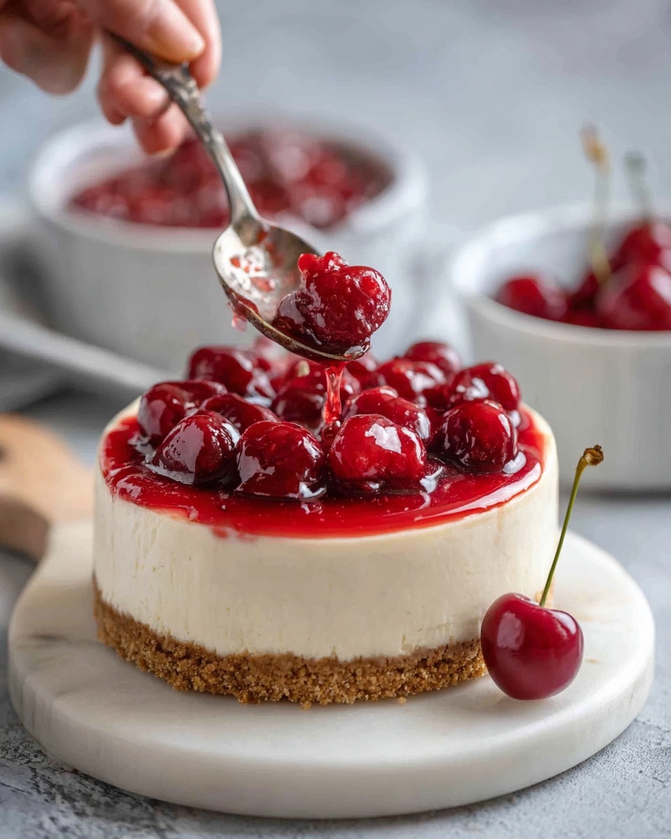A round cheesecake with three distinct layers sits on a white marbled surface; the bottom layer is a crumbly light brown crust, the thick middle layer is smooth creamy white, and the top layer is glossy red cherry topping with whole cherries visible. A silver spoon held by a woman's hand is scooping some of the cherry topping from the surface of the cheesecake. Next to the cheesecake, a single shiny red cherry with a stem rests on the white marbled surface. In the blurred background, there are two white bowls, one filled with more cherry topping and the other with whole cherries. Photo taken with an iphone --ar 4:5 --v 7