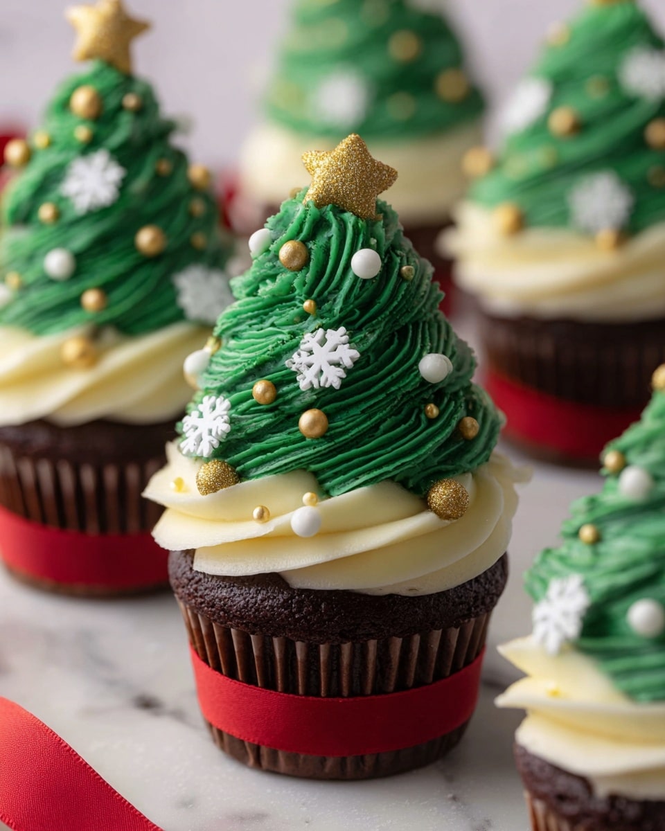 The image shows a group of chocolate cupcakes, each topped with two distinct layers of frosting. The bottom layer is light cream colored, swirled smoothly around the top edge of the cupcake, creating a soft, fluffy texture. On top of this is a tall, spiral layer of bright green frosting styled to look like a Christmas tree, with the pointed tip reaching high above the base frosting. The green frosting is decorated with small white snowflake shapes, round golden balls, small golden stars, and tiny gold sprinkles scattered evenly around. The cupcakes are arranged on a white marbled surface with a red ribbon at the base, creating a festive look. Photo taken with an iphone --ar 4:5 --v 7
