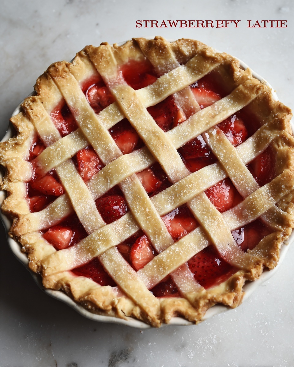 A round white pie dish filled with a strawberry lattice pie sits on a white marbled surface. The pie has a golden-brown crust made from six thick strips of dough woven over and under each other in a lattice pattern. Underneath the lattice is a layer of shiny red strawberry filling with visible chunks of strawberries peeking through. The edges of the crust are crimped and have a slightly crunchy texture with some sugar sprinkled on top. The pie looks fresh and warm with a soft glow on the crust. Photo taken with an iphone --ar 4:5 --v 7