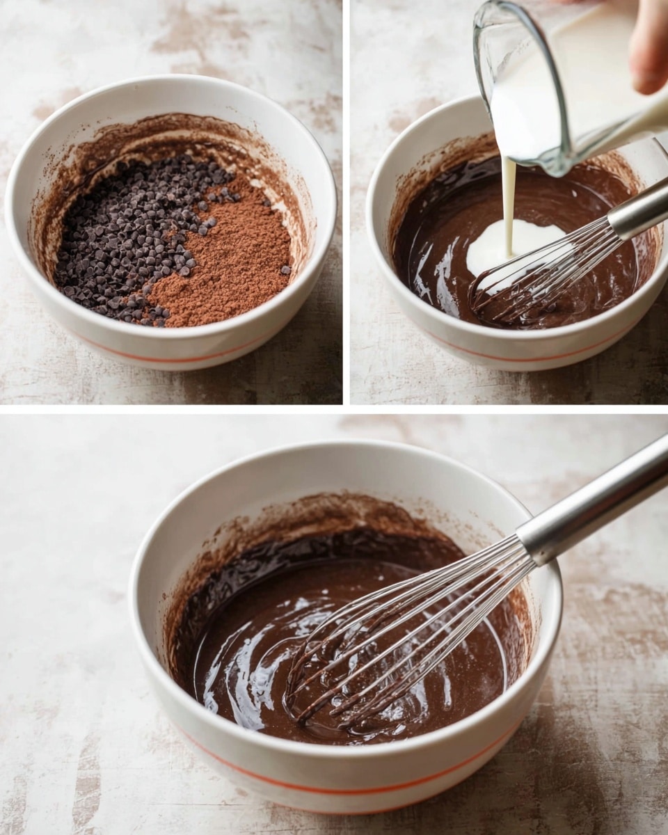 The image shows three steps of making chocolate batter in a white bowl on a white marbled surface. In the first part, dry cocoa powder and chocolate bits with a whisk are mixing in the bowl; the mixture looks dark brown and grainy. In the second part, white milk is pouring from a clear measuring cup into the same dark mixture in the white bowl. In the third part, the whisk is mixing the batter in the white bowl, making a smooth, thick, shiny dark brown batter. photo taken with an iphone --ar 4:5 --v 7