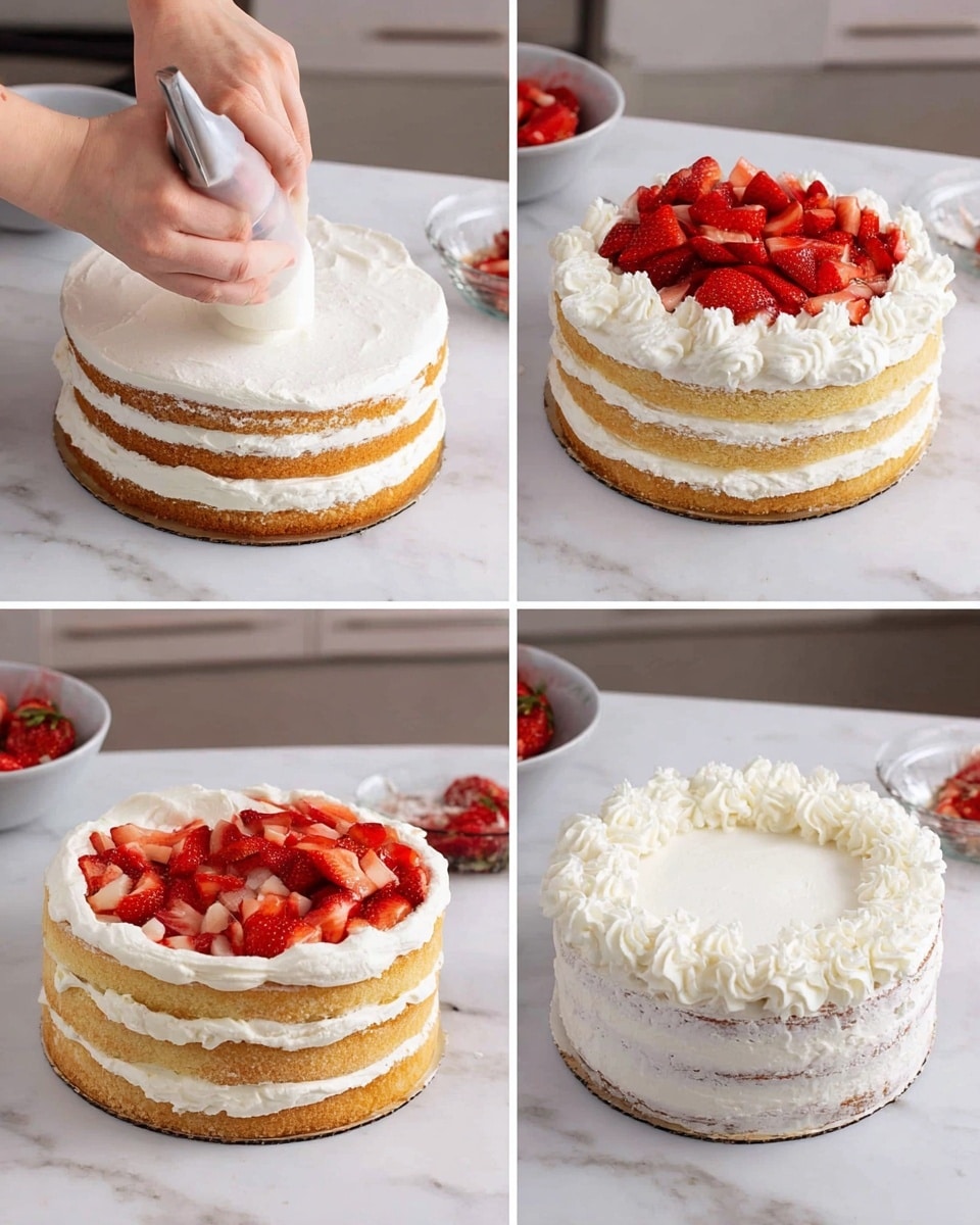 A four-layer round cake is shown being decorated on a white marbled surface. The first layer is a light golden sponge with a thick white cream layer, and a woman's hand is adding cream on top with a piping bag. The second image shows the top layer of sponge with an even ring of white cream around the edge and chopped bright red strawberries being added in the center with a spoon. In the third image, the cake has four layers with cream thinly spread over the top and sides in a smooth but slightly rough texture. The fourth image shows the top being decorated with thick white swirls of cream around the edge, applied by a woman's hand holding a piping bag, making the cake look full and creamy. Photo taken with an iphone --ar 4:5 --v 7