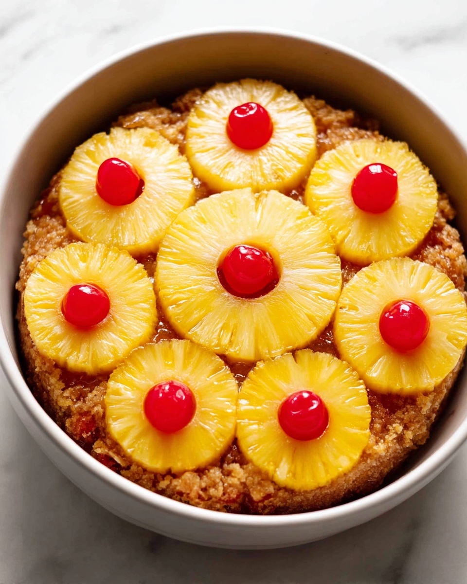 A white bowl filled with a round cake topped with two layers: the bottom layer shows a brown textured cake base, the middle layer is a circular arrangement of bright yellow pineapple rings evenly placed across the surface, each pineapple ring has a glossy red cherry sitting perfectly in its center, with one large pineapple ring in the middle and smaller rings around it, all set on a white marbled surface. photo taken with an iphone --ar 4:5 --v 7