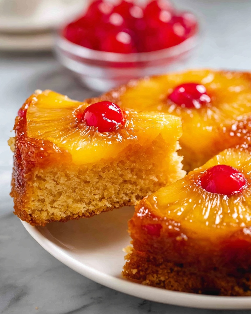 A close-up view of a pineapple upside-down cake showing one slice lifted from the white plate. The cake has two main layers: a golden brown bottom sponge layer with a soft, slightly crumbly texture, and a glossy top layer covered with bright yellow pineapple rings and shiny red cherries in the center of each ring. The cake looks moist and caramelized, with the bright fruit pieces glistening under the light. Behind the plate, a bowl filled with more red cherries is softly blurred, all set on a white marbled surface. photo taken with an iphone --ar 4:5 --v 7