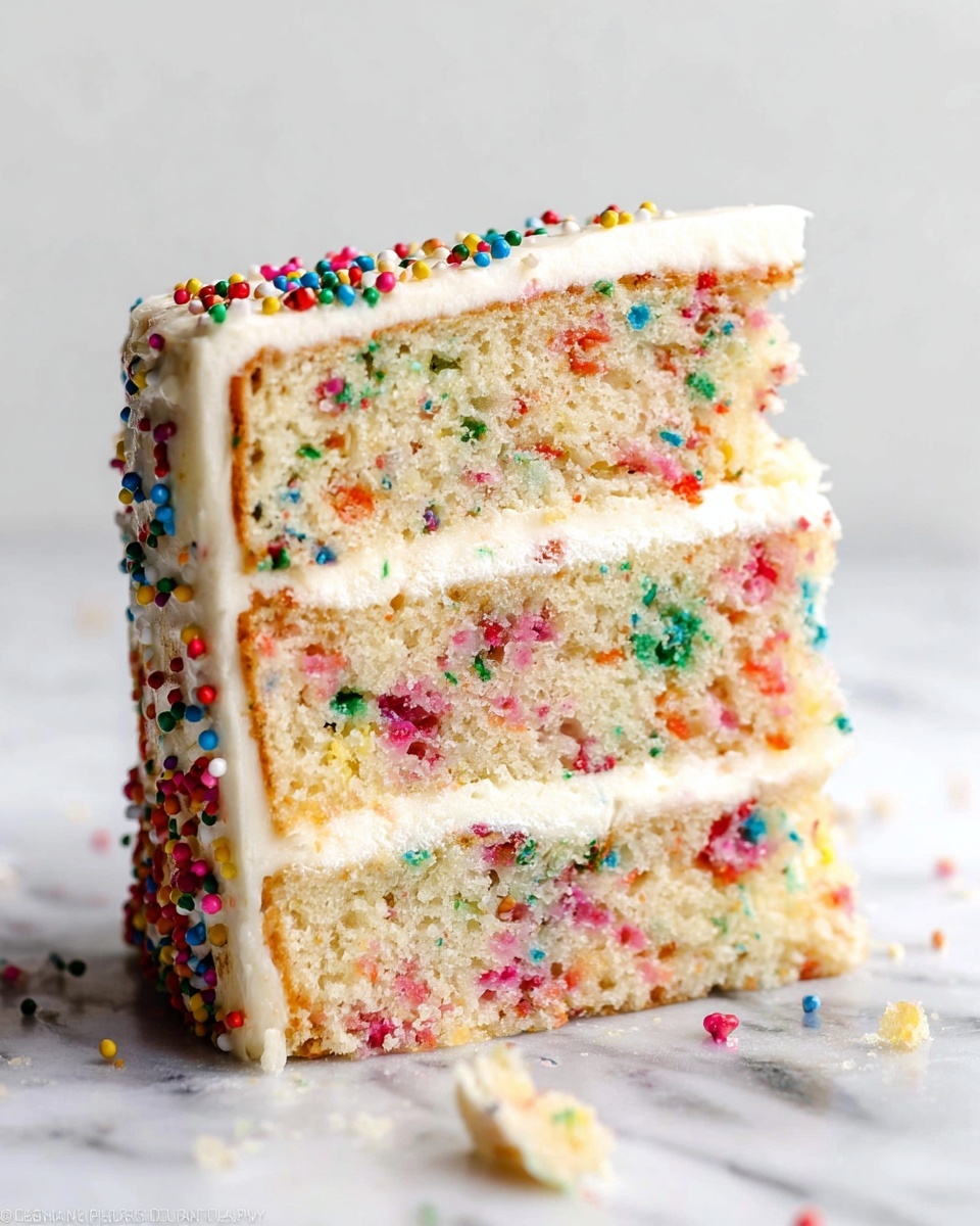 A close-up view of a three-layer funfetti cake slice on a white marbled surface. Each layer is light beige with colorful sprinkles inside, including red, blue, green, pink, yellow, and orange spots evenly spread throughout the sponge. Between each layer is a smooth, white creamy frosting that is also spread on the top edge of the cake. The top has a few scattered colorful sprinkles on the frosting, adding extra texture. The cake is cut cleanly, showing the soft, moist texture of the sponge and fluffy frosting layers. Some colorful sprinkles and crumbs are scattered on the white marbled surface near the slice. Photo taken with an iphone --ar 4:5 --v 7