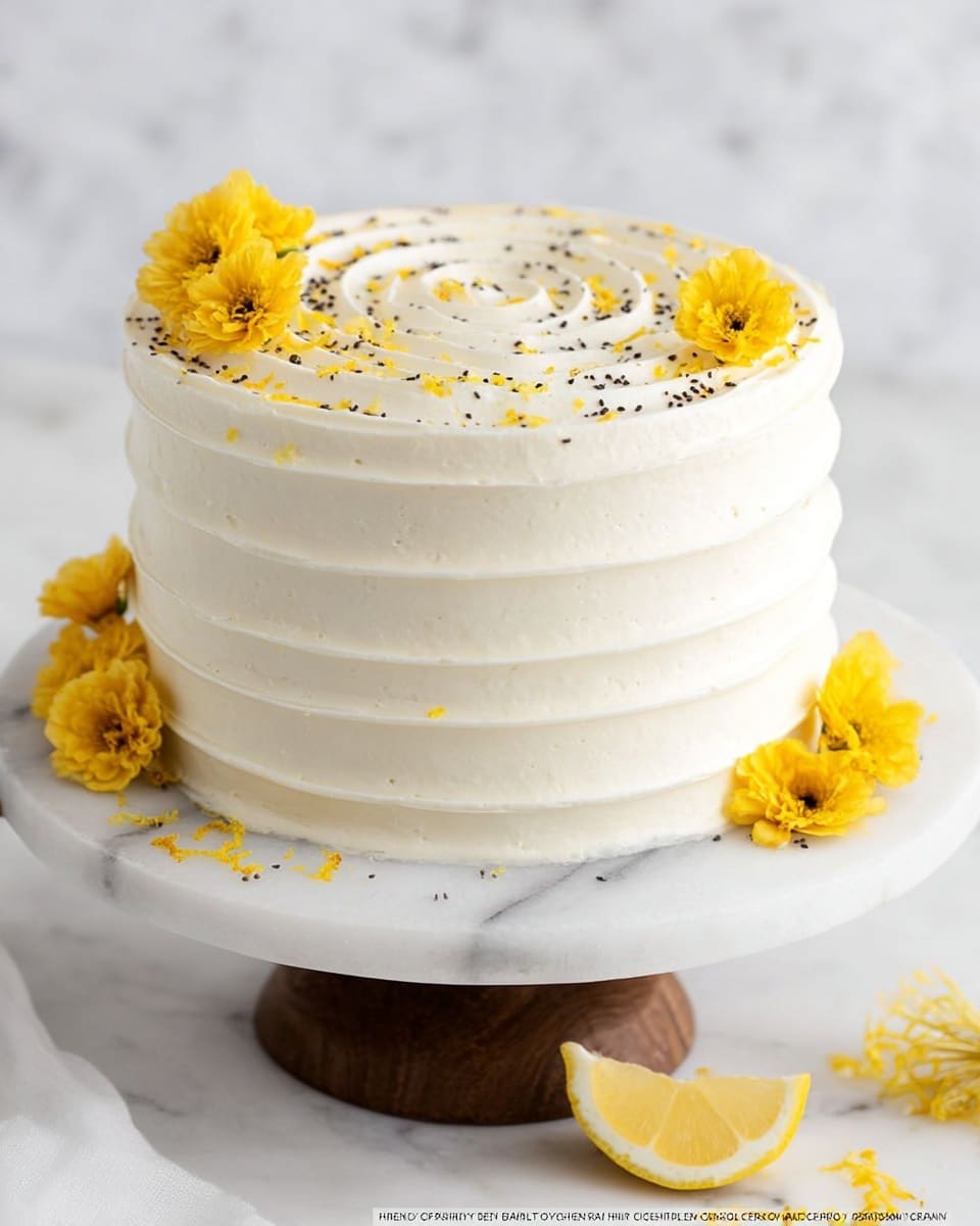 A round, two-layer cake with smooth white frosting decorated with horizontal ridges around the sides and a spiral pattern on top, sprinkled with small black seeds near the top edge. Small bright yellow flowers and thin slices of yellow lemon zest are scattered on the top and near the bottom edge of the cake. A thin lemon wedge and a few yellow flowers rest on the white marbled cake stand beneath the cake. The background is a white marbled texture. photo taken with an iphone --ar 4:5 --v 7