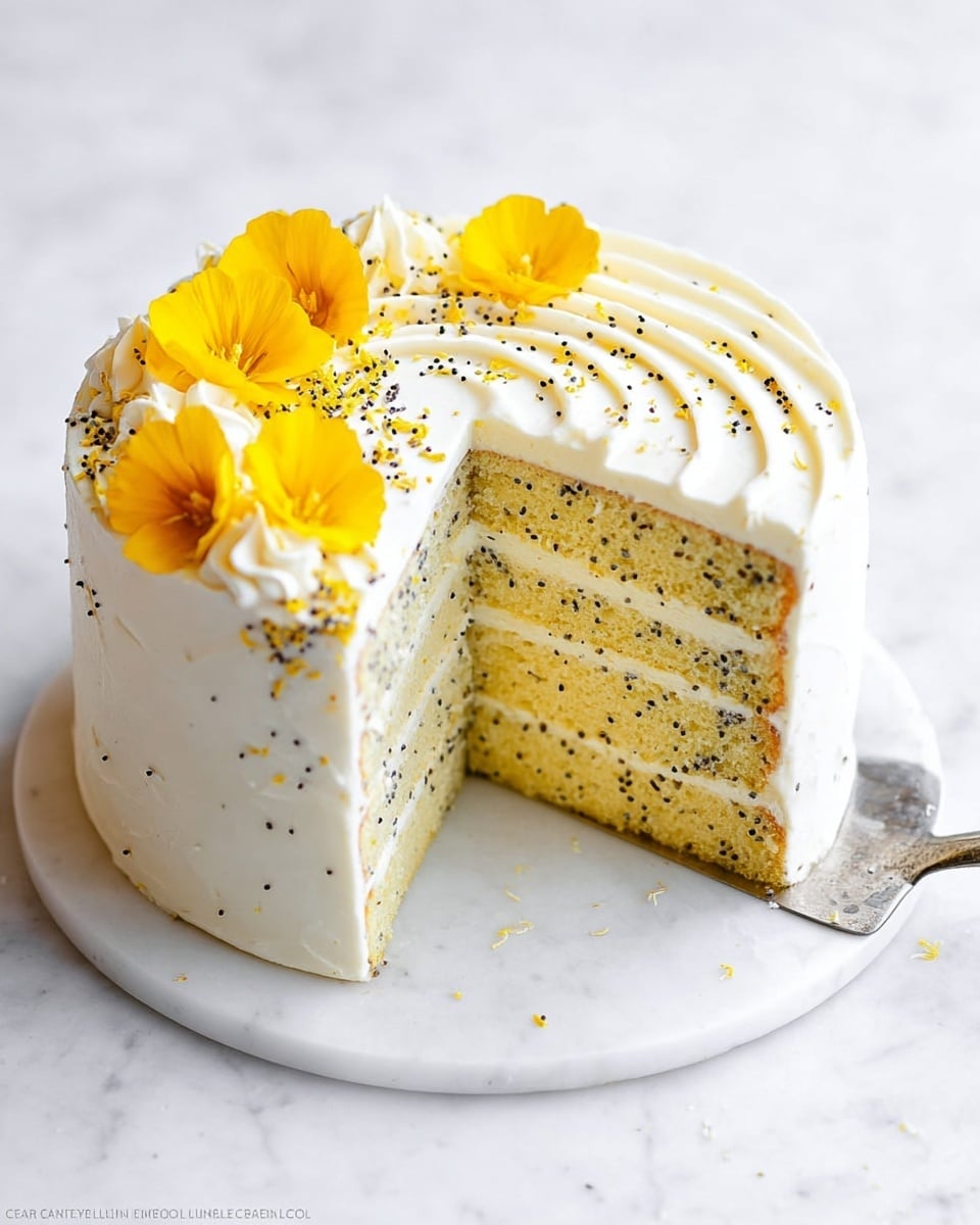 A white round cake with four visible layers of light yellow poppy seed sponge and thin cream filling between each layer sits on a white marbled surface. The top of the cake is smooth with a white swirled cream frosting, decorated with small yellow flowers and tiny black poppy seeds scattered on top. A slice has been removed and is resting on a silver spatula, showing the even layers inside. Each cake layer has tiny black poppy seeds evenly mixed in the light yellow sponge. The cake looks fresh and simple, with bright yellow flower decorations adding a nice pop of color. photo taken with an iphone --ar 4:5 --v 7