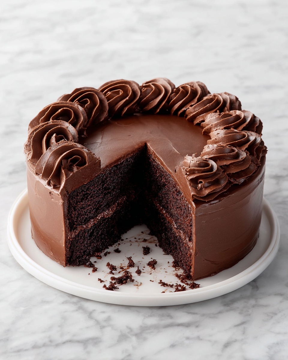 The image shows a two-layer chocolate cake on a white plate, sitting on a white marble surface. The cake is covered in smooth, dark chocolate frosting. The top edge is decorated with thick, wavy chocolate frosting swirls that create a ring around the center. The middle layers are dark and moist, with a thick layer of chocolate frosting between them. A slice is removed, revealing the rich inside and some crumbs on the plate. The overall look is rich and creamy with a neat finish. photo taken with an iphone --ar 4:5 --v 7