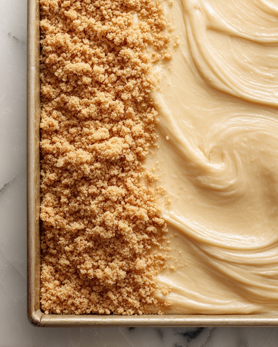 A close-up view of a rectangular baking pan filled with a smooth, creamy beige batter evenly spread on the right side, with a crumbly brown streusel topping half covering the left side. The batter has a soft, glossy texture with gentle swirls, while the streusel is coarse and crumbly, creating a strong contrast between the smooth and rough layers. The background is a white marbled texture. photo taken with an iphone --ar 4:5 --v 7