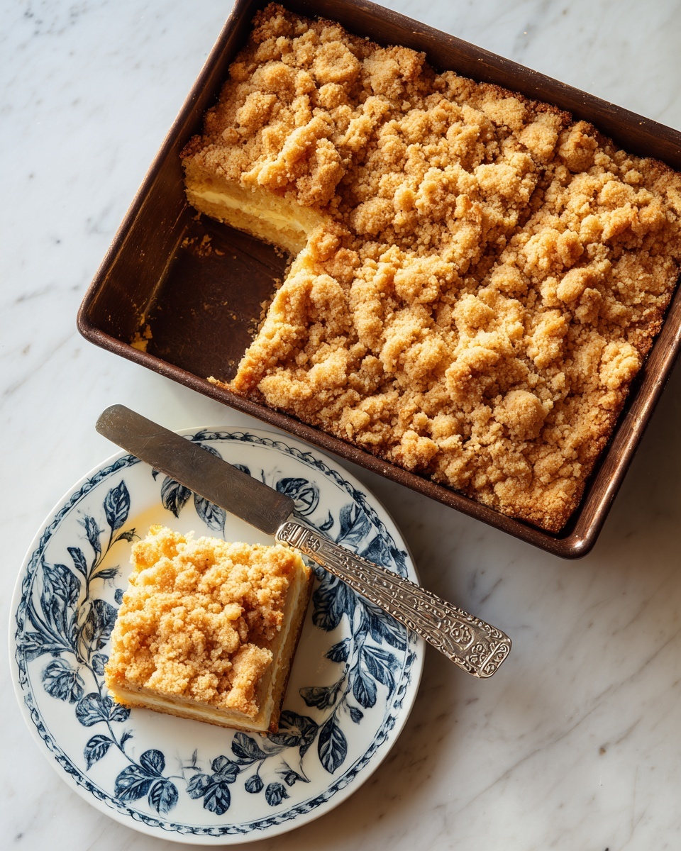 The image shows a rectangular baked coffee cake with a crumbly, golden brown topping in a dark metal baking pan. The cake itself has a light golden-yellow color visible where a square piece has been taken out. On the left side, a white plate with a blue leafy pattern holds the cut square piece of coffee cake, resting on a silver cake server with a detailed handle. The cake's crumb topping is uneven and textured, covering the entire surface, while the cake layer underneath looks soft and moist. The scene is set on a white marbled surface. Photo taken with an iphone --ar 4:5 --v 7