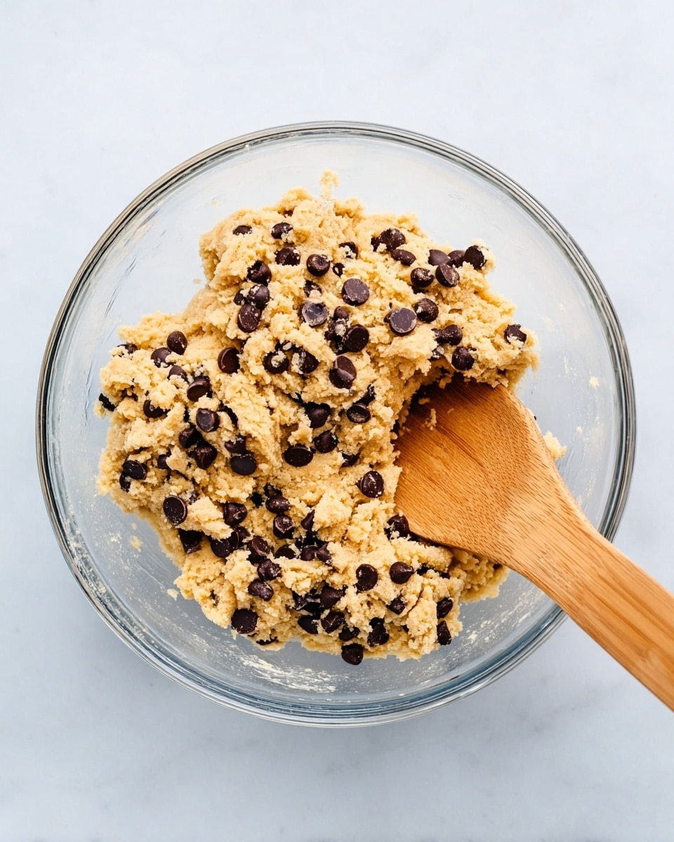 A clear glass mixing bowl sits on a white marbled surface with cookie dough inside, mixed with many small dark chocolate chips spread evenly throughout. A wooden spoon, light brown in color with a smooth texture, rests on the right side, partly buried in the dough. The dough is light tan and slightly crumbly with some soft clumps visible. Photo taken with an iphone --ar 4:5 --v 7