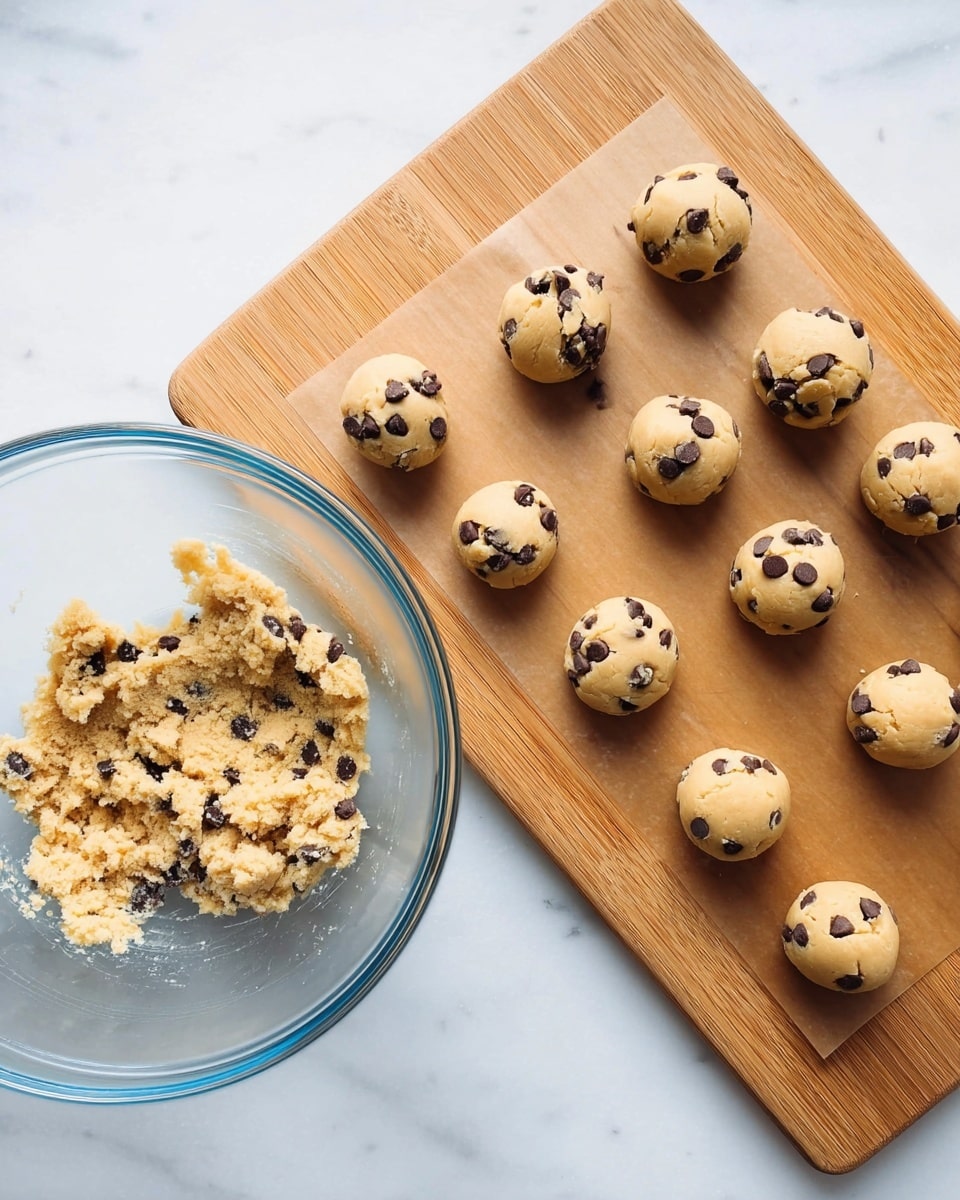 A clear glass bowl on the left contains light beige cookie dough mixed with many small dark chocolate chips, with a slightly rough texture. On the right is a wooden board covered with light brown parchment paper, holding twelve smooth, round dough balls evenly spaced, each studded with dark chocolate chips. The scene is set on a white marbled surface. photo taken with an iphone --ar 4:5 --v 7
