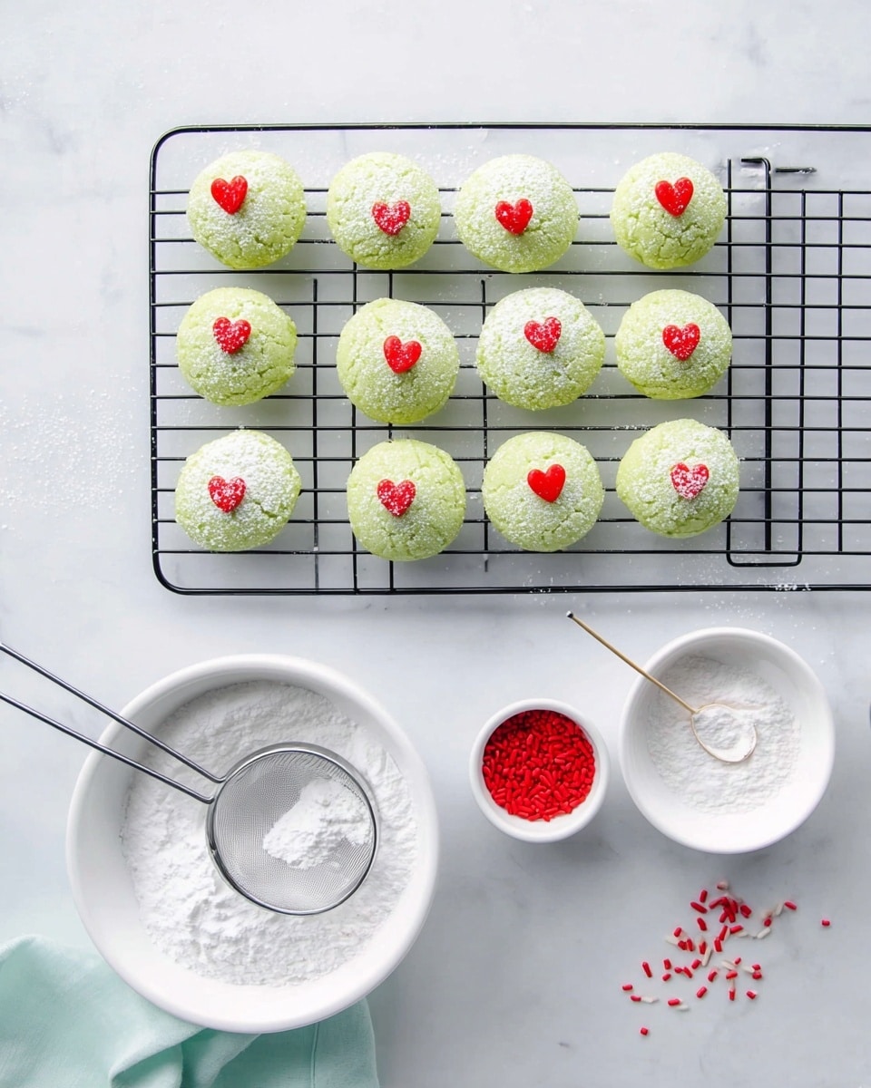 The image shows a cooling black wire rack with twelve small light green round cookies placed on it. Each cookie is topped with a small red heart decoration and dusted lightly with white powdered sugar. Below the rack, there is a white bowl filled with powdered sugar and a small metal sifter resting on it, a smaller white bowl with a silver spoon and a toothpick, and a small container of red heart sprinkles with a few sprinkles scattered on the white marbled surface. The overall setting is clean and bright with a white marbled texture under the items. photo taken with an iphone --ar 4:5 --v 7