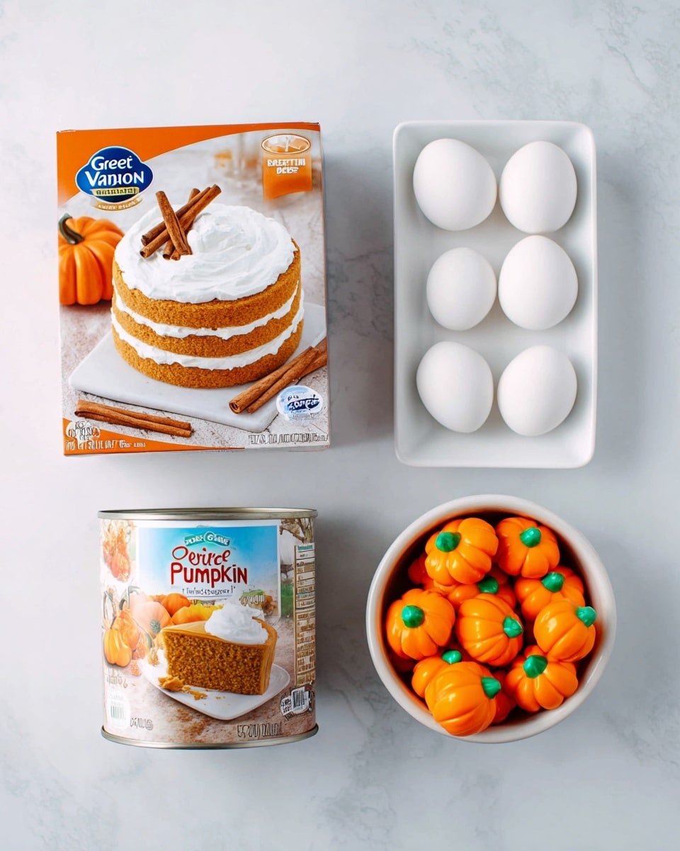 The image shows four main items on a white marbled surface: a box of Great Value Spice Cake Mix with a picture of a two-layer cake topped with white frosting and two cinnamon sticks in front, a can of Great Value 100% Pure Pumpkin with an image of a slice of pumpkin pie topped with a dollop of white cream, a small white rectangular dish holding three white eggs, and a small white bowl filled with orange pumpkin-shaped candies with green tops, evenly arranged. photo taken with an iphone --ar 4:5 --v 7