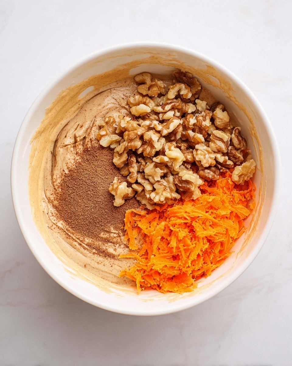 A white bowl on a white marbled surface contains three clear layers of ingredients. On the left side, there is a smooth, light brown creamy base with some visible swirls, topped with a light dusting of a darker brown powder. On the top right, there is a rough layer of chopped walnuts, light brown and beige in color, clustered together. On the bottom right, there is a bright orange layer of shredded carrots with a slightly moist texture. The ingredients sit separately in the bowl without being mixed. photo taken with an iphone --ar 4:5 --v 7