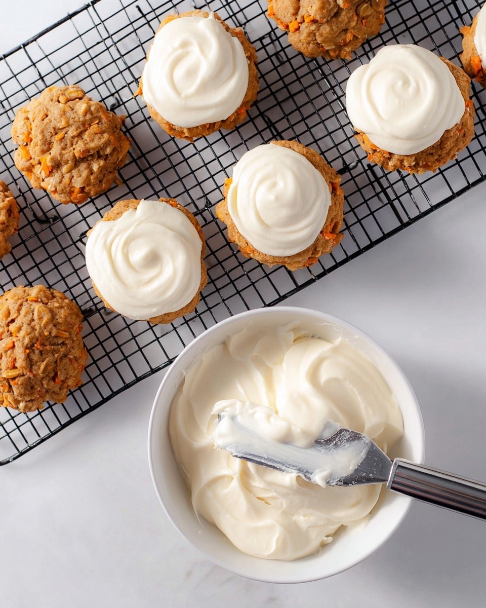 The image shows a black wire cooling rack holding ten round cookies with a rough, bumpy texture and small pieces of orange bits inside. Four of the cookies on the rack have a thick layer of white creamy frosting spread evenly on top, creating a soft swirl pattern. Below the rack is a white bowl filled with the same smooth white frosting, with a metal spreader resting on the bowl’s edge, the spreader covered partly with frosting. The background is a white marbled texture, and the overall feel is bright and clean. photo taken with an iphone --ar 4:5 --v 7