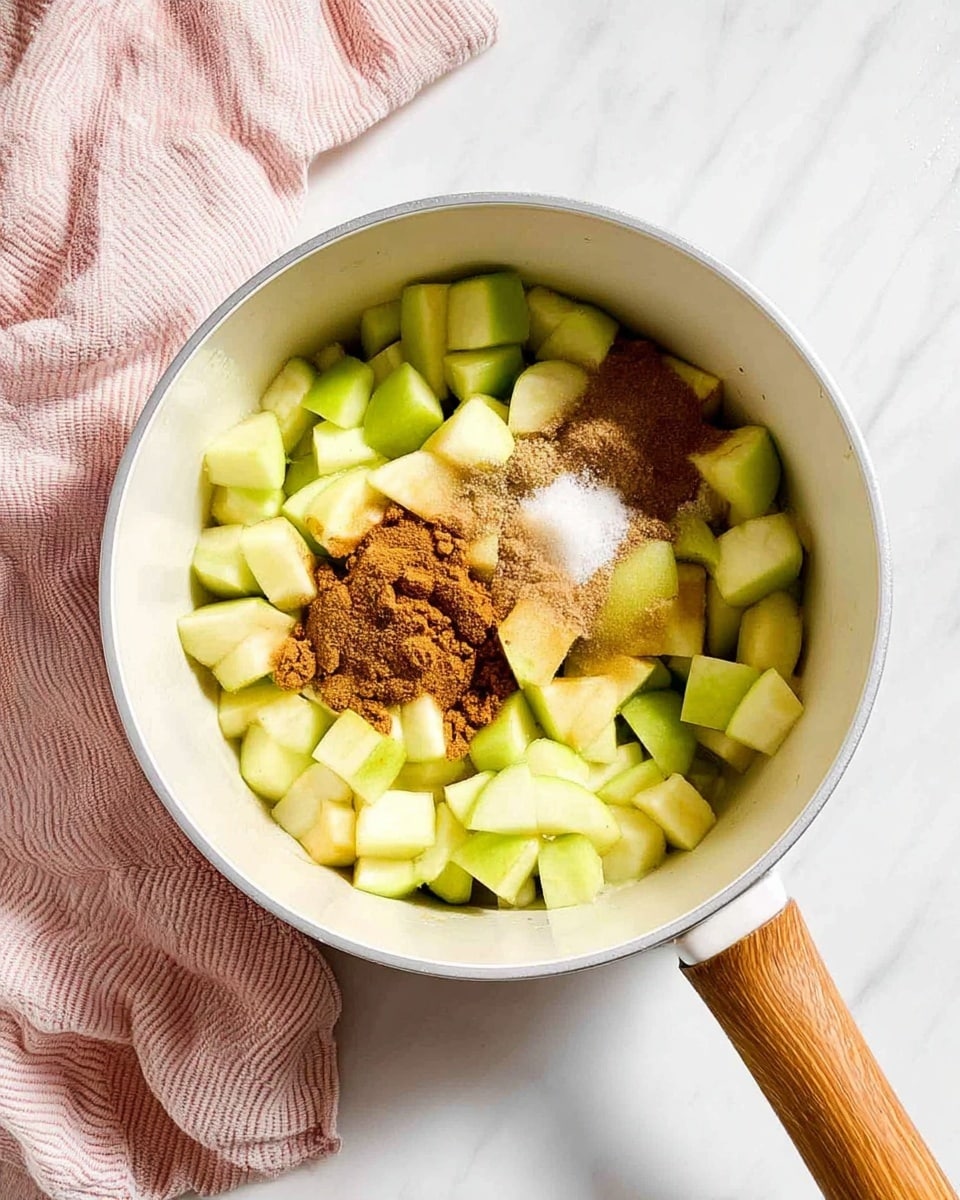 A white pot with a wooden handle is filled with a base layer of chopped green apples, roughly cut into small cubes. On top, there are several spices piled in small spots: brown sugar, cinnamon powder, and a light sprinkling of white salt. The pot is placed on a white marbled surface, next to a folded pink and white striped cloth. The lighting is bright and natural, showing the fresh, slightly shiny texture of the apples and the fine, grainy textures of the spices. Photo taken with an iphone --ar 4:5 --v 7