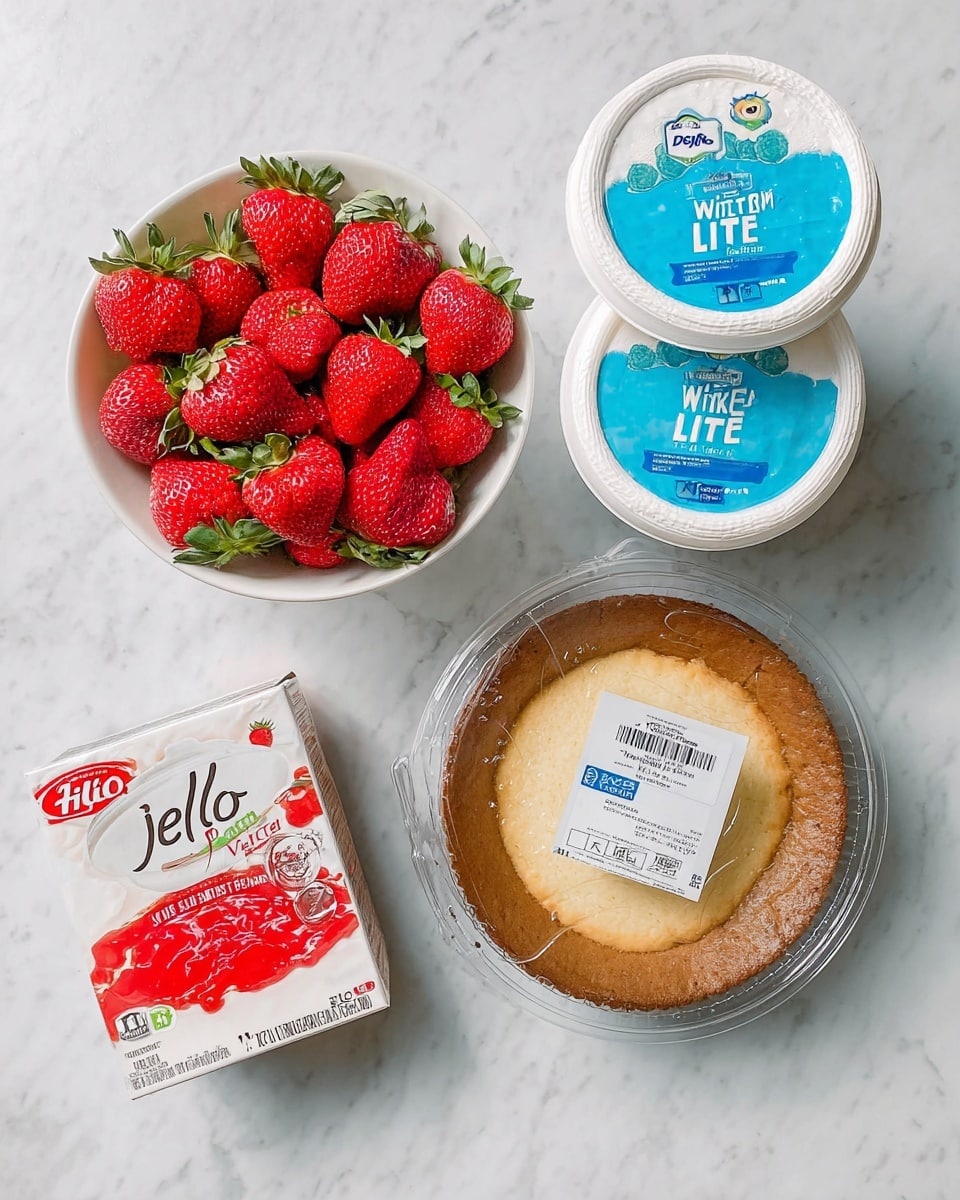 The image shows four elements arranged on a white marbled surface. On the top left, there is a white bowl full of bright red strawberries with green leafy tops. To the right, there are two stacked white containers with blue labels that read