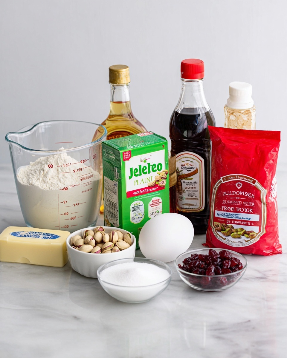 The image shows an arrangement of baking ingredients placed side by side on a white marbled surface. On the left, there is a clear measuring cup filled with flour, next to it a white bowl holding shelled pistachios. In front, a small clear glass bowl contains white granulated sugar. Behind these, a stick of salted butter is upright, and next to the butter is a clear bottle of light corn syrup with a gold cap. In the center, a green and white box of pistachio JELL-O stands out. To its right is a white egg, and behind it is a plastic bottle of almond extract with a red cap. On the far right, a red bag of sweetened dried cranberries and a small dark bottle of pure vanilla extract complete the setup. The background is plain white, and the light is soft and even. photo taken with an iphone --ar 4:5 --v 7