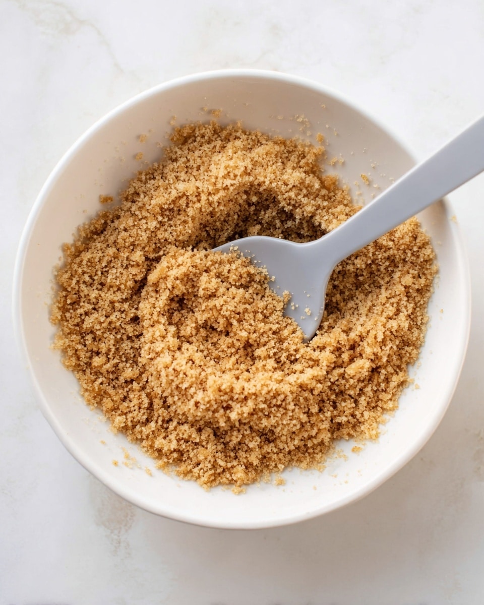 A white bowl on a white marbled surface holds a layer of fine, crumbly brown sugar mixture that fills most of the bowl. A soft, pale gray spatula rests inside the bowl, partially scooping the crumbly mixture, showing its grainy and uneven texture. The lighting is bright and natural, highlighting the rough, small clumps and golden brown tones of the sugar mix. Photo taken with an iphone --ar 4:5 --v 7
