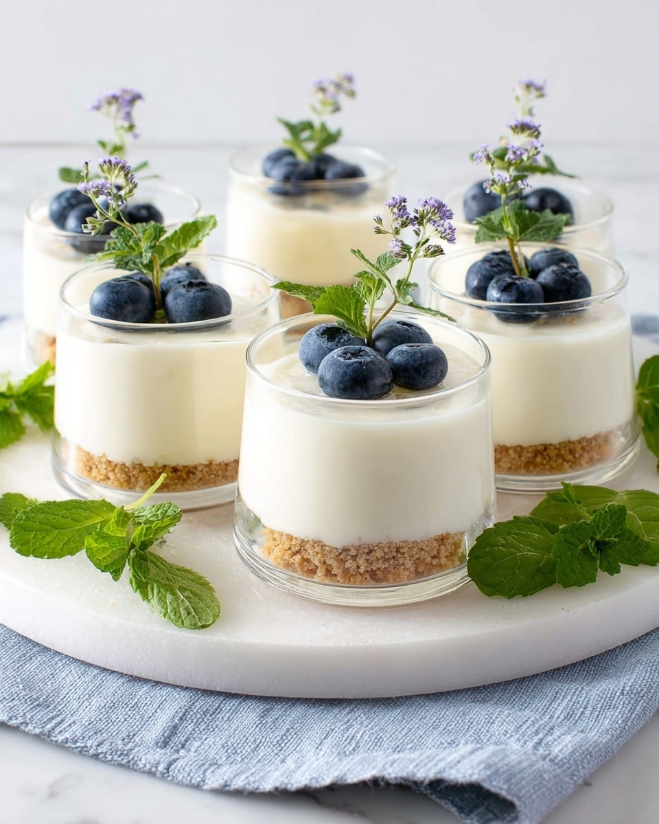 Five clear glasses are arranged on a round white plate placed on a light blue cloth, all on a white marbled surface. Each glass has two layers: a crumbly light brown base layer topped with a thick, smooth creamy white layer. On top of the cream layer, two fresh dark blue blueberries and a small sprig of green mint with tiny purple flowers add color and decoration. Bright green mint leaves are also scattered around the base of the glasses on the plate. The photo taken with an iphone --ar 4:5 --v 7