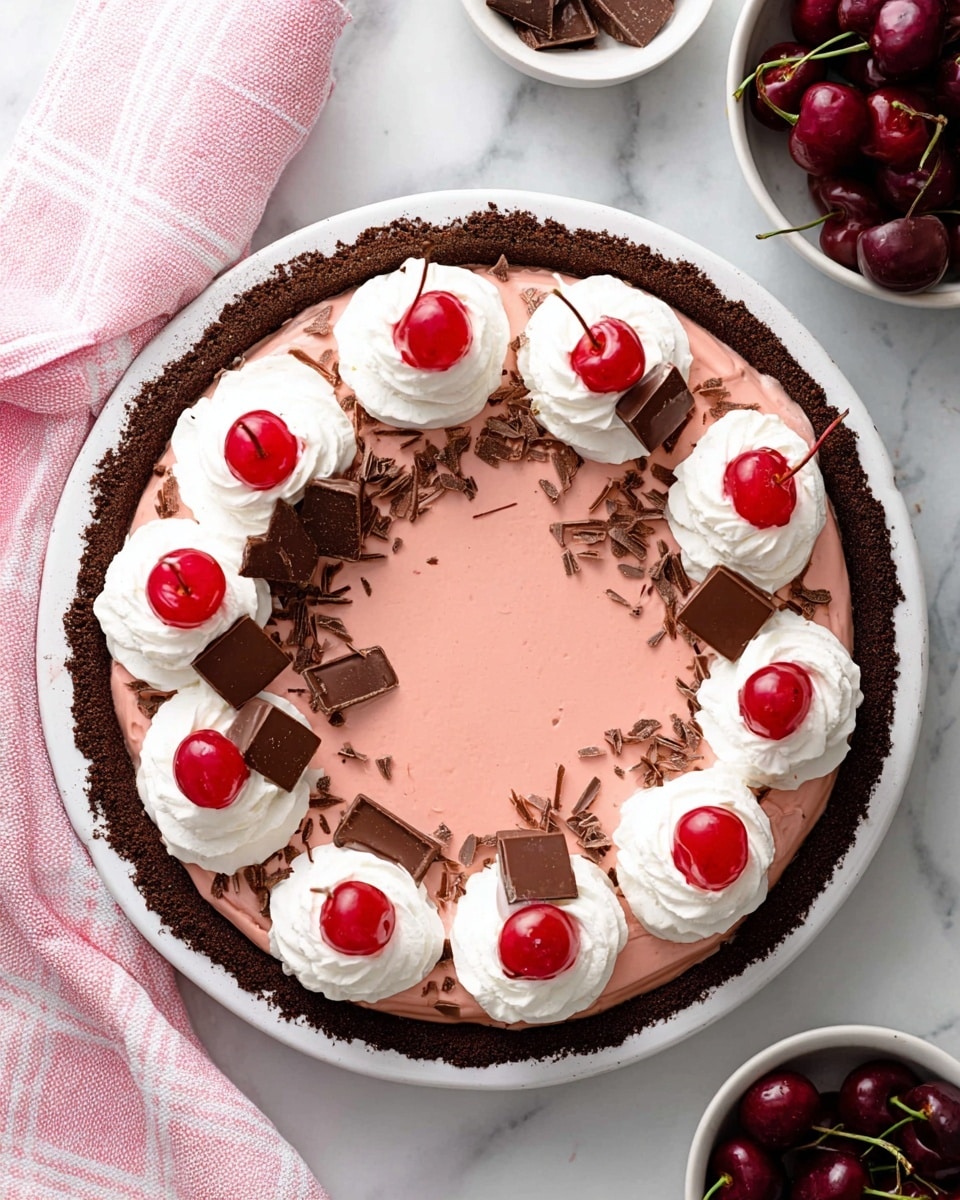 A round pie with a dark brown chocolate crust forming the base, filled with a smooth, light pink creamy layer. On top, eight white whipped cream dollops are evenly spaced around the edge, each topped with a shiny red cherry and a small square of milk chocolate. Light shavings of chocolate are scattered around the whipped cream, filling the spaces between them. The pie rests on a white marbled surface, next to a bowl of fresh cherries and a small white bowl filled with extra milk chocolate pieces. A pink and white striped cloth is placed near the pie. Photo taken with an iphone --ar 4:5 --v 7