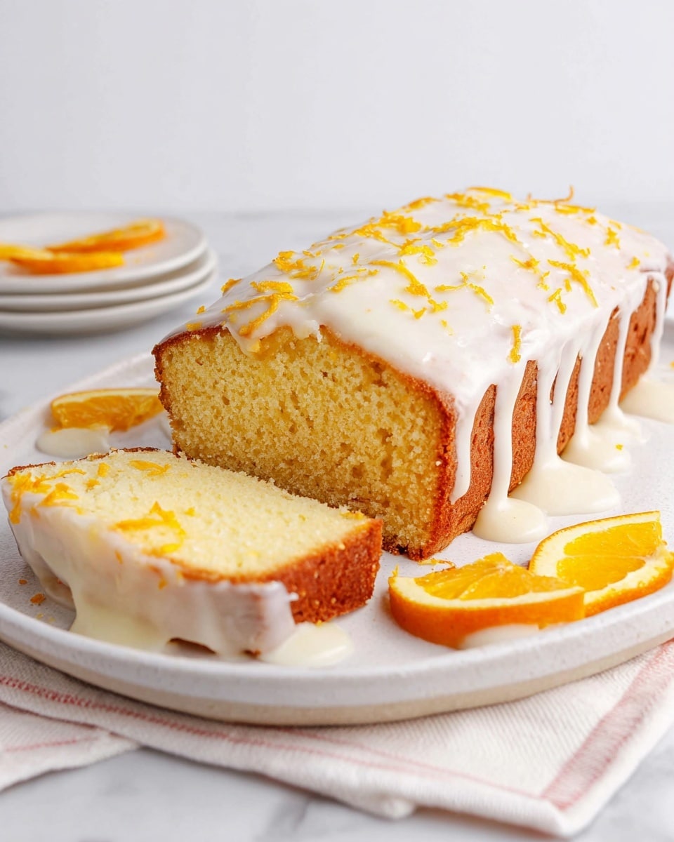 A loaf of light golden cake with a moist, soft texture is placed on a white plate over a white marbled surface with a cloth underneath. The cake is covered with a thick layer of white glaze that drips slightly down the sides. Bright orange zest is scattered on top of the glaze, adding a pop of color. Next to the cake, there is a single slice showing the inside texture, frosted on one side with white glaze and sprinkled with more orange zest. Two thin orange wedges sit at the side of the loaf, adding freshness and color contrast. photo taken with an iphone --ar 4:5 --v 7