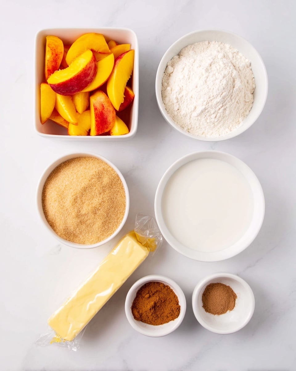 A top view of seven white bowls and a stick of butter laid out on a white marbled surface, each holding a single ingredient for baking: the top left square bowl is full of yellow and red peach slices, the top right round bowl is filled with white flour, below the peach slices is a round bowl containing light brown sugar, to its right is a bowl with white milk, next to the milk are two small round bowls displaying brown cinnamon and nutmeg powders, with a wrapped stick of yellow butter at the bottom center of the arrangement, photo taken with an iphone --ar 4:5 --v 7