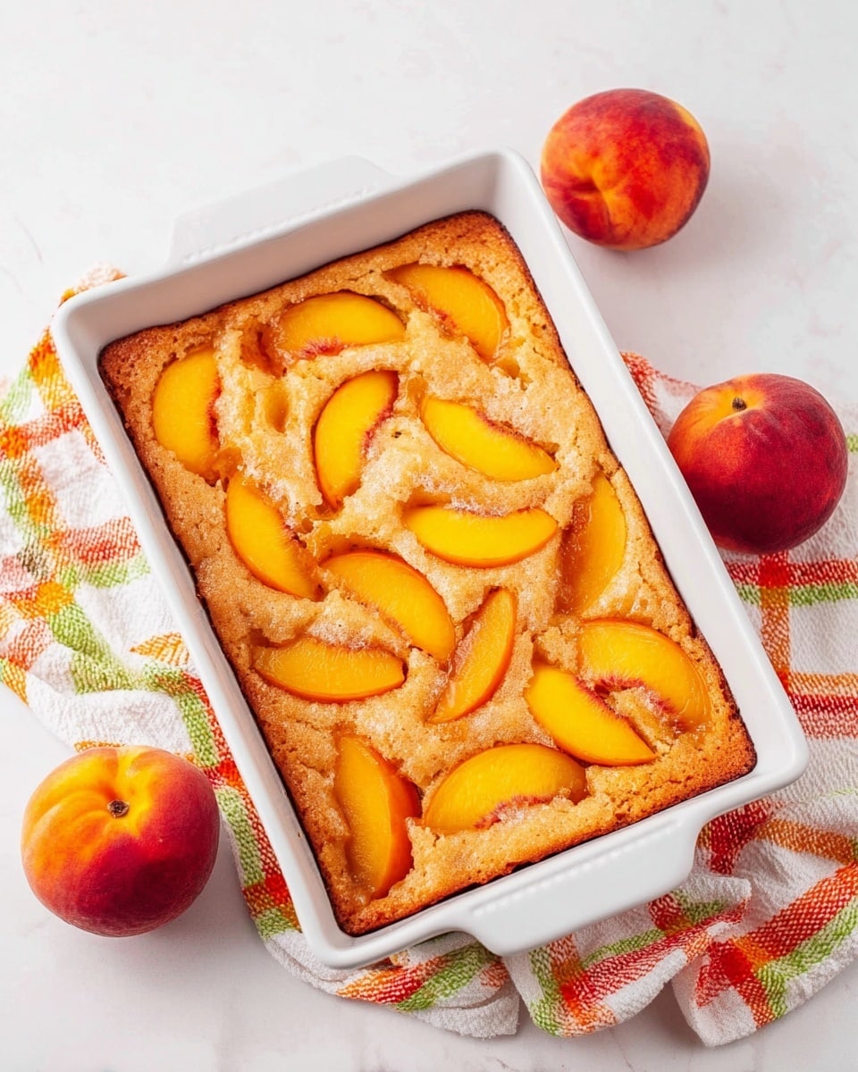 The image shows a rectangular white baking dish filled with a golden-brown cake topped with sliced peaches. The cake layer is slightly crispy on the edges and soft in the middle, with bright orange peach slices spread evenly on the surface, some partially covered by the cake. The dish is placed on a white marbled surface with a colorful checked cloth underneath. Three whole peaches with reddish-orange skin are placed around the baking dish, adding a fresh and natural touch. Photo taken with an iphone --ar 4:5 --v 7