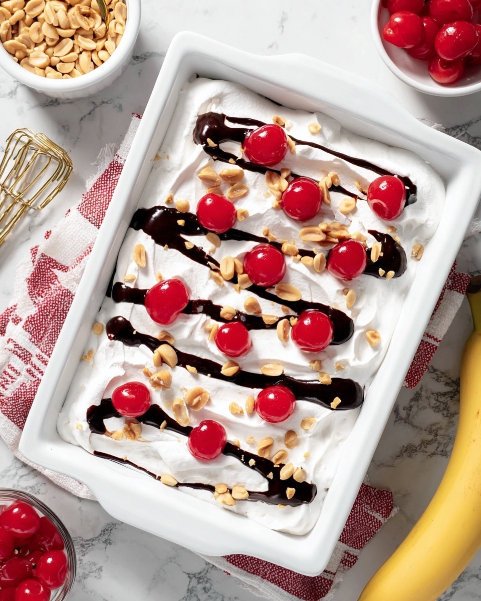 A white rectangular dish filled with a thick, smooth layer of white whipped cream. On top, bright red cherries are evenly placed across the surface. Dark chocolate syrup is drizzled in a random pattern over the whipped cream and cherries, adding contrast. Scattered roasted peanuts are sprinkled over the dish, giving texture. The dish is set on a white marbled surface with a white bowl of peanuts and a bowl of cherries nearby. There is also a whole banana partly visible on the surface. Photo taken with an iphone --ar 4:5 --v 7