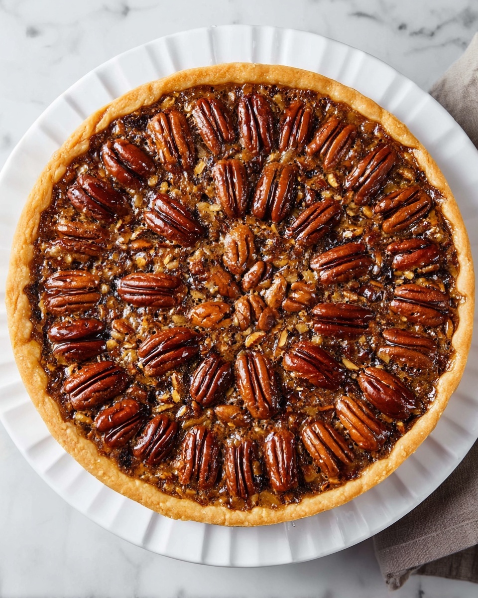 A round pecan pie with a golden-brown crust forms the base layer, topped with a rich, glossy filling made of chopped pecans mixed with a sticky, dark caramel-like layer. The top layer is decorated with whole pecan halves evenly spaced across the surface, giving a textured, shiny, and slightly rugged look. The pie sits on a white plate with ridged edges, placed on a white marbled surface. photo taken with an iphone --ar 4:5 --v 7